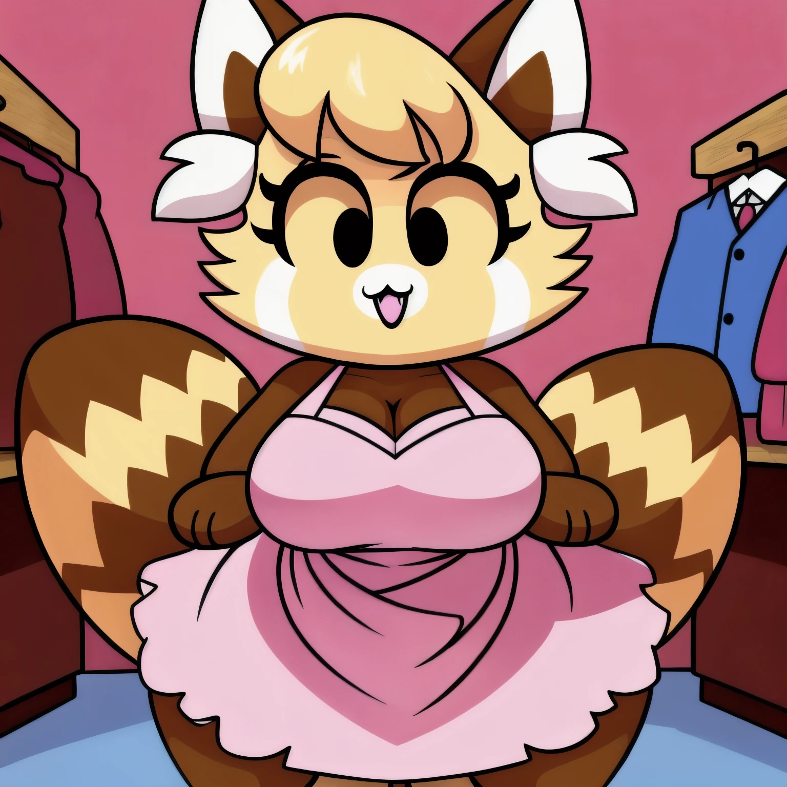 (high quality, masterpiece, high res:1.3)
 sassparilla, furry, female, solo, full body, standing, (fancy dress, detailed dress, admiring own dress:1.1), looking down, cute, tailor store, happy, excited, nsfw, very busty, large breasts