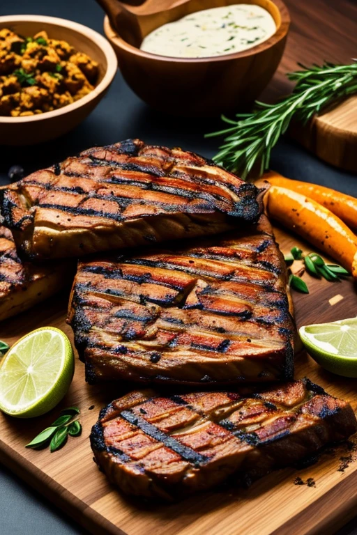 Background with the image of juicy and appetizing grilled dishes, garnished with herbs and spices, to highlight the possibilities of using the grill for preparing delicious dishes