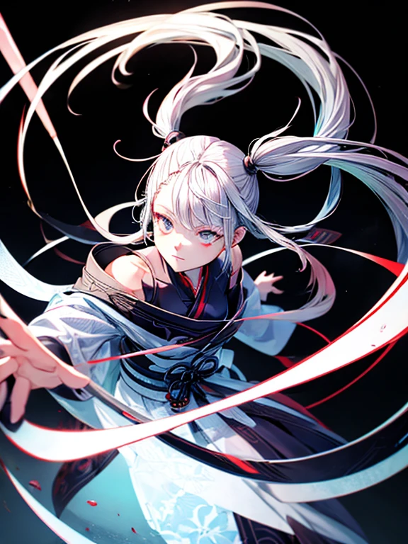Pipe,Gray Hair,Teen,neutral,kimono,Black background,An illustration,Fantasy,1 person,Twin tails,dynamic