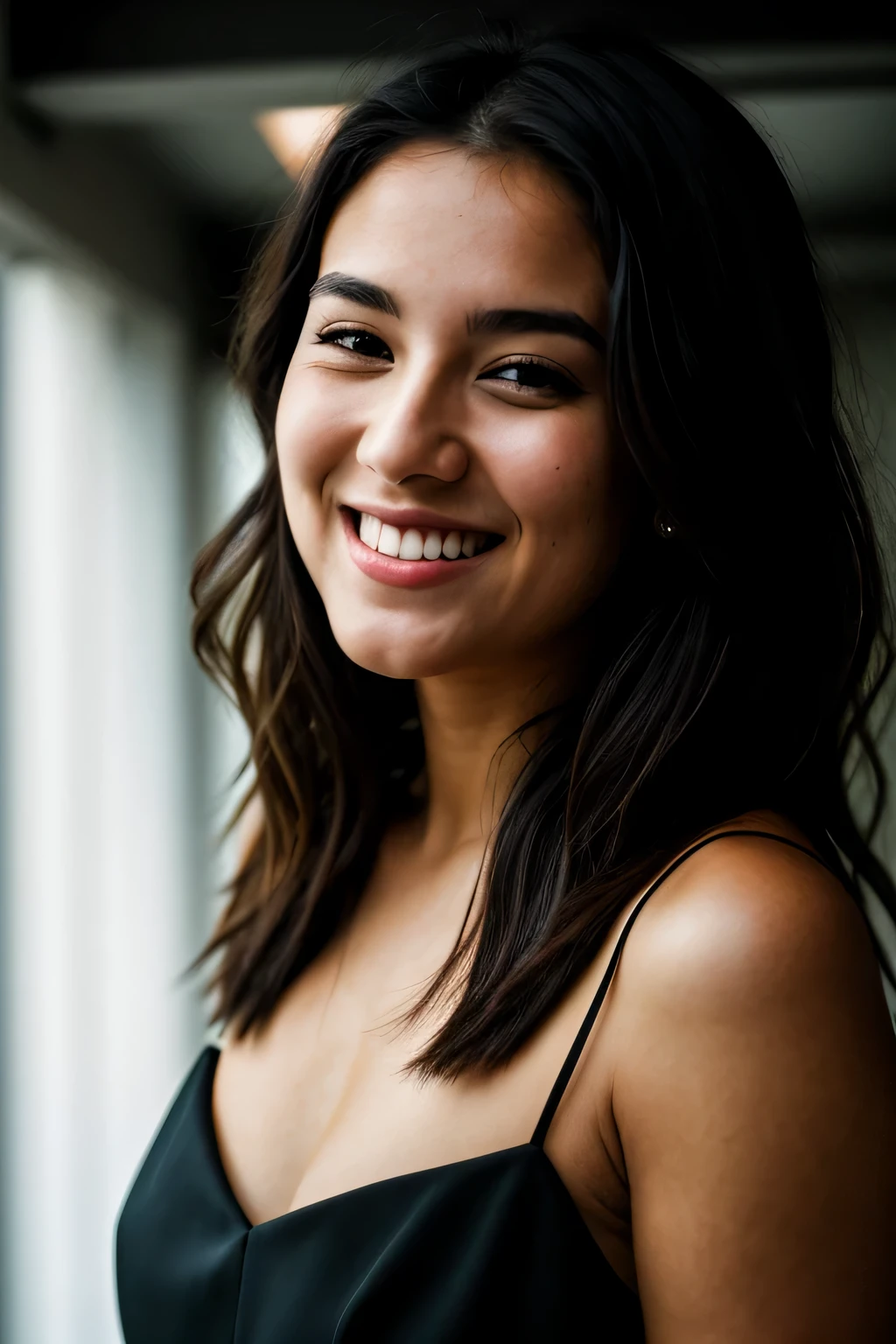 raw photo, face portrait photo of a beautiful 26-year-old.oh woman, cute face, in a black dress, happy face, hard shadows, cinematic frame, Dramatic lighting