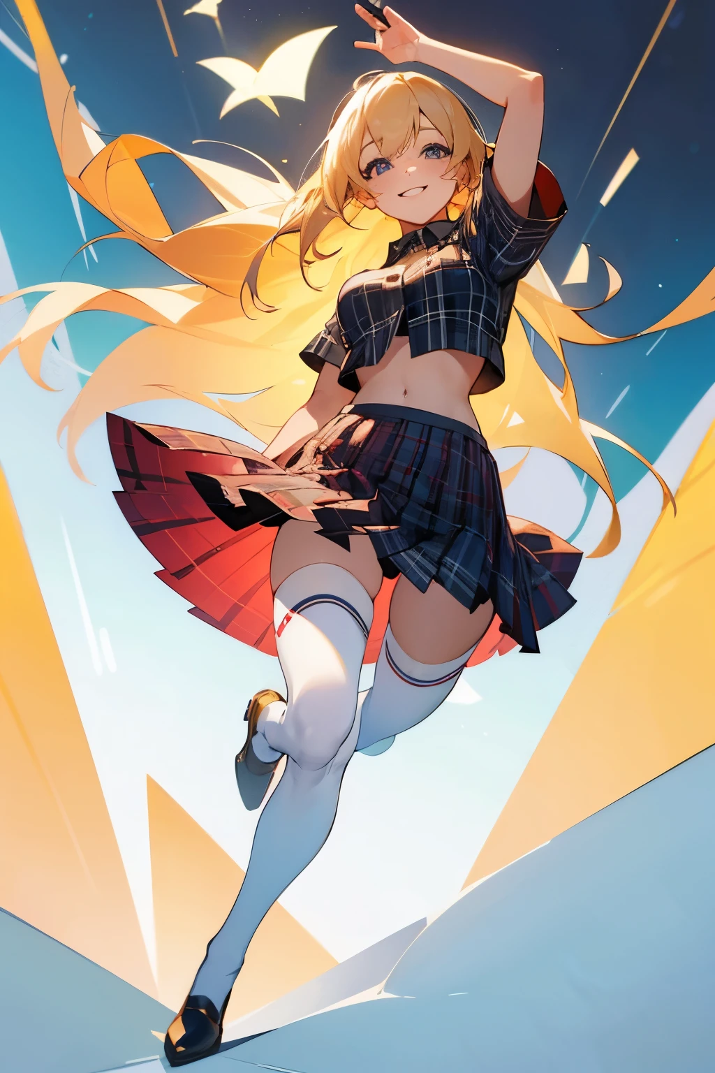 young girl, long blonde hair, big smile, wearing short pleated plaid skirt, wearing white crop top shirt, wearing white thigh-highs, full body shot