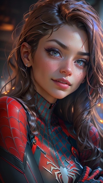 Beautiful woman,detailed,defined body,spider man cosplay,small breasts,beautiful detailed eyes,beautiful detailed lips,extremely detailed eyes and face,longeyelashes,(best quality,4k,8k,highres,masterpiece:1.2),ultra-detailed,(realistic,photorealistic,photo-realistic:1.37),vivid colors,HDR,studio lighting,physically-based rendering,extreme detail description,professional,portraits,spiderman costume,shiny texture,fitting tightly,subtle muscles,feminine figure,confident expression,sharp focus,luxurious long hair,striking beauty,attention-grabbing appearance,perfect makeup,tiny waist,stylish pose,playful attitude,breathtaking background,lively atmosphere,cityscape view,web-like patterns,superhero-inspired composition,bold contrast,emphasis on curves,expressive eyes,subtle smile,luminous glow,graceful movements,artistic interpretation,colorful palette,exquisite persona,impressive realism,aesthetic excellence,artistic flair.