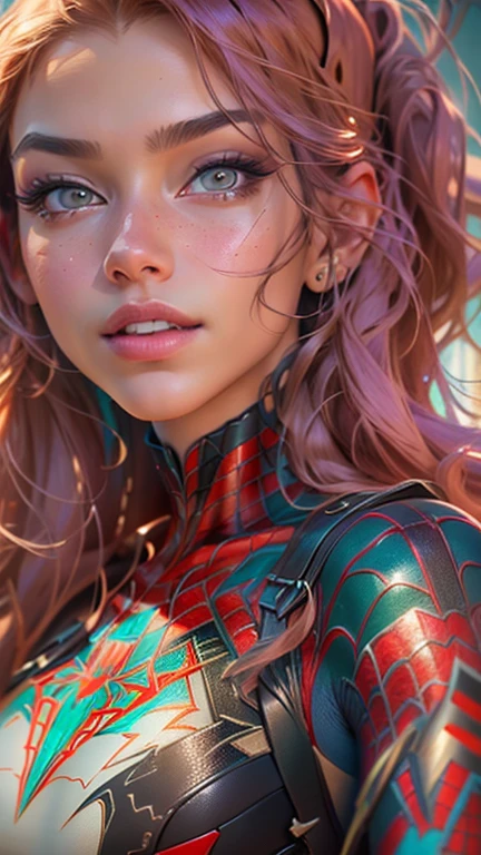 Beautiful woman,detailed,defined body,spider man cosplay,small breasts,beautiful detailed eyes,beautiful detailed lips,extremely detailed eyes and face,longeyelashes,(best quality,4k,8k,highres,masterpiece:1.2),ultra-detailed,(realistic,photorealistic,photo-realistic:1.37),vivid colors,HDR,studio lighting,physically-based rendering,extreme detail description,professional,portraits,spiderman costume,shiny texture,fitting tightly,subtle muscles,feminine figure,confident expression,sharp focus,luxurious long hair,striking beauty,attention-grabbing appearance,perfect makeup,tiny waist,stylish pose,playful attitude,breathtaking background,lively atmosphere,cityscape view,web-like patterns,superhero-inspired composition,bold contrast,emphasis on curves,expressive eyes,subtle smile,luminous glow,graceful movements,artistic interpretation,colorful palette,exquisite persona,impressive realism,aesthetic excellence,artistic flair.