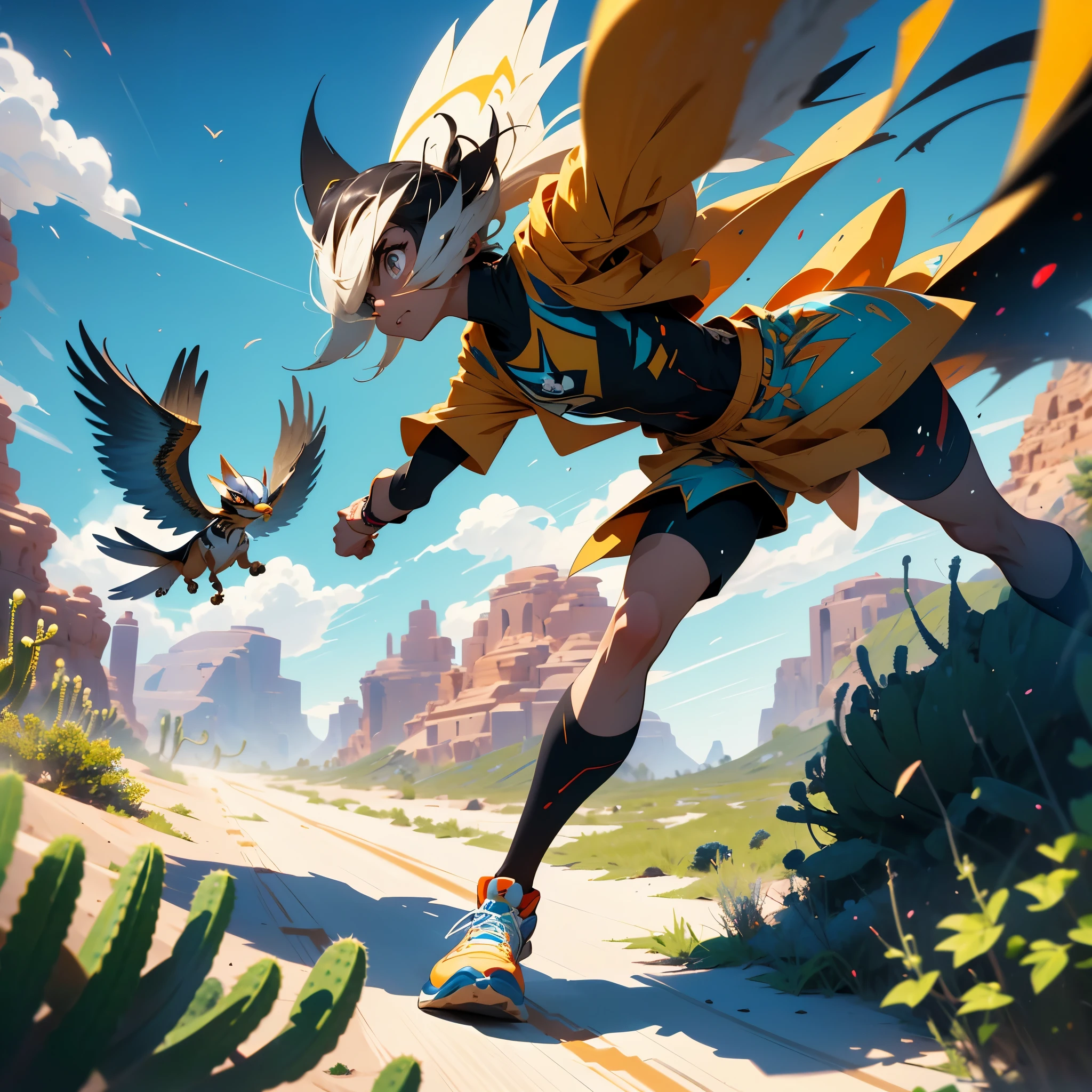 (a cartoonish,stylized,comic-book-style:1.1) road runner zips through the view, (leaving motion blur,velocity lines,trails), showcasing its incredible speed and agility. The road runner is depicted as vibrant and lively, with exaggerated features such as (big eyes:1.1) and (brightly colored feathers). The landscape is set in the magnificent (desert:warm,arid:sand dunes:cacti), with a clear blue sky overhead. The cartoonish road runner is captured in a (dynamic,action-packed) stance, (mid-stride) with its (legs extended,feet off the ground), emphasizing its swift movement. The motion blur created by the road runner's speed adds a sense of (energy,dynamism) to the scene. The (cartoonish:1.1) style gives a playful and whimsical touch to the overall composition. The desert environment is rendered in a stylized manner, with (sand dunes:rising and falling) and (cacti:proudly showcasing their prickly spines). The warm color tones in the sand create a sense of heat and vastness. The sky above is a clear, (vibrant blue), contrasting beautifully with the earthy tones of the desert. To enhance the visual appeal and quality of the image, the prompt should include tags such as (best quality,highres,masterpiece:1.2), (ultra-detailed), and (realistic:1.37) to ensure that the generated image is of the highest possible quality. Additional tags like (sharp focus,vivid colors) can further enhance the image's details and color saturation, while (studio lighting) can bring depth and dimension to the scene. In summary, the prompt for generating a high-quality image of a cartoonish road runner in a desert setting with motion blur might look like this: (a cartoonish,stylized,comic-book-style:1.1) road runner zips through the view, (leaving motion blur,velocity lines,trails), showcasing its incredible speed and agility. The vibrant road runner has (big eyes:1.1) and (brightly colored feathers), while the desert landscape features (sand dunes:cacti) under a clear blue sky. The image sho