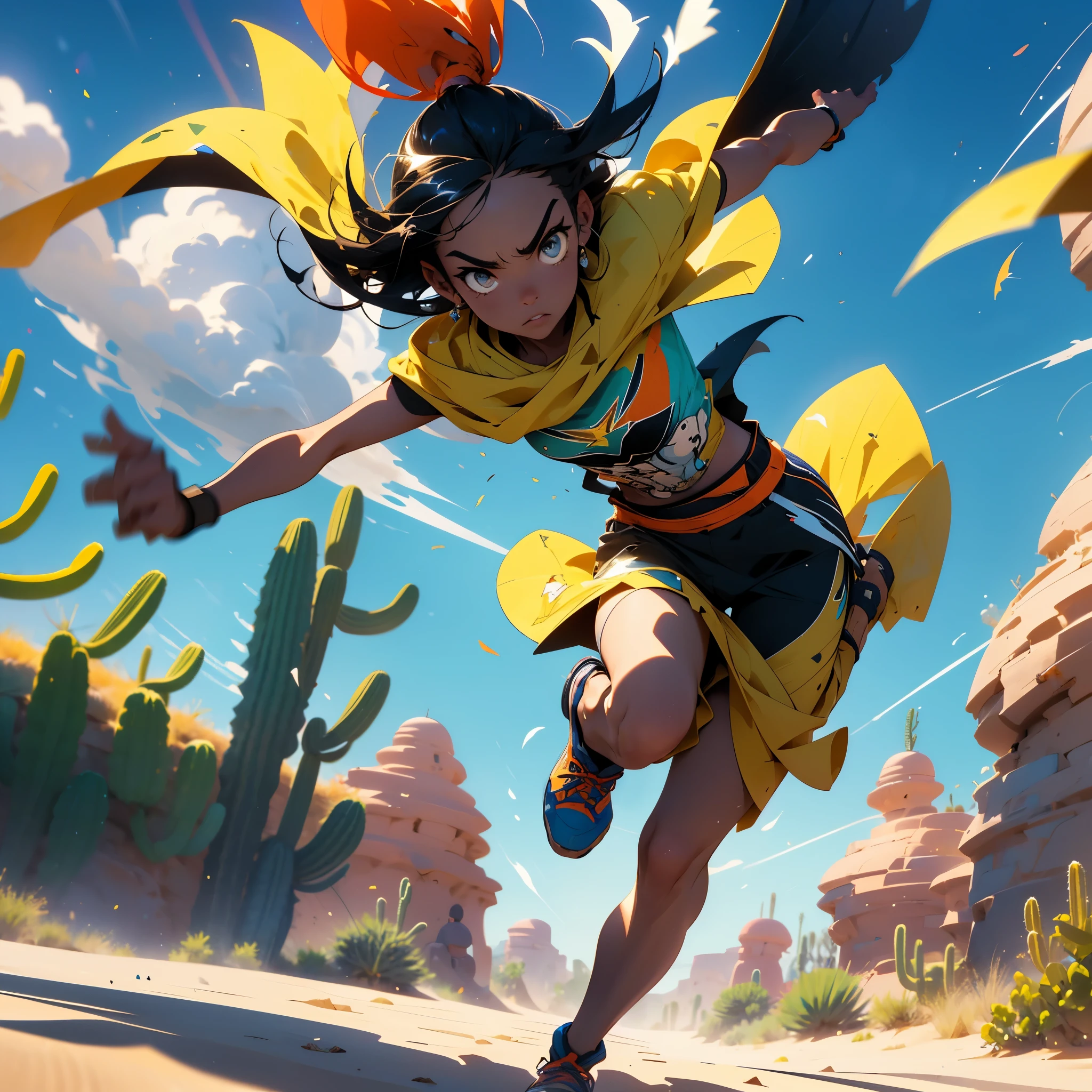 (a cartoonish,stylized,comic-book-style:1.1) road runner zips through the view, (leaving motion blur,velocity lines,trails), showcasing its incredible speed and agility. The road runner is depicted as vibrant and lively, with exaggerated features such as (big eyes:1.1) and (brightly colored feathers). The landscape is set in the magnificent (desert:warm,arid:sand dunes:cacti), with a clear blue sky overhead. The cartoonish road runner is captured in a (dynamic,action-packed) stance, (mid-stride) with its (legs extended,feet off the ground), emphasizing its swift movement. The motion blur created by the road runner's speed adds a sense of (energy,dynamism) to the scene. The (cartoonish:1.1) style gives a playful and whimsical touch to the overall composition. The desert environment is rendered in a stylized manner, with (sand dunes:rising and falling) and (cacti:proudly showcasing their prickly spines). The warm color tones in the sand create a sense of heat and vastness. The sky above is a clear, (vibrant blue), contrasting beautifully with the earthy tones of the desert. To enhance the visual appeal and quality of the image, the prompt should include tags such as (best quality,highres,masterpiece:1.2), (ultra-detailed), and (realistic:1.37) to ensure that the generated image is of the highest possible quality. Additional tags like (sharp focus,vivid colors) can further enhance the image's details and color saturation, while (studio lighting) can bring depth and dimension to the scene. In summary, the prompt for generating a high-quality image of a cartoonish road runner in a desert setting with motion blur might look like this: (a cartoonish,stylized,comic-book-style:1.1) road runner zips through the view, (leaving motion blur,velocity lines,trails), showcasing its incredible speed and agility. The vibrant road runner has (big eyes:1.1) and (brightly colored feathers), while the desert landscape features (sand dunes:cacti) under a clear blue sky. The image sho
