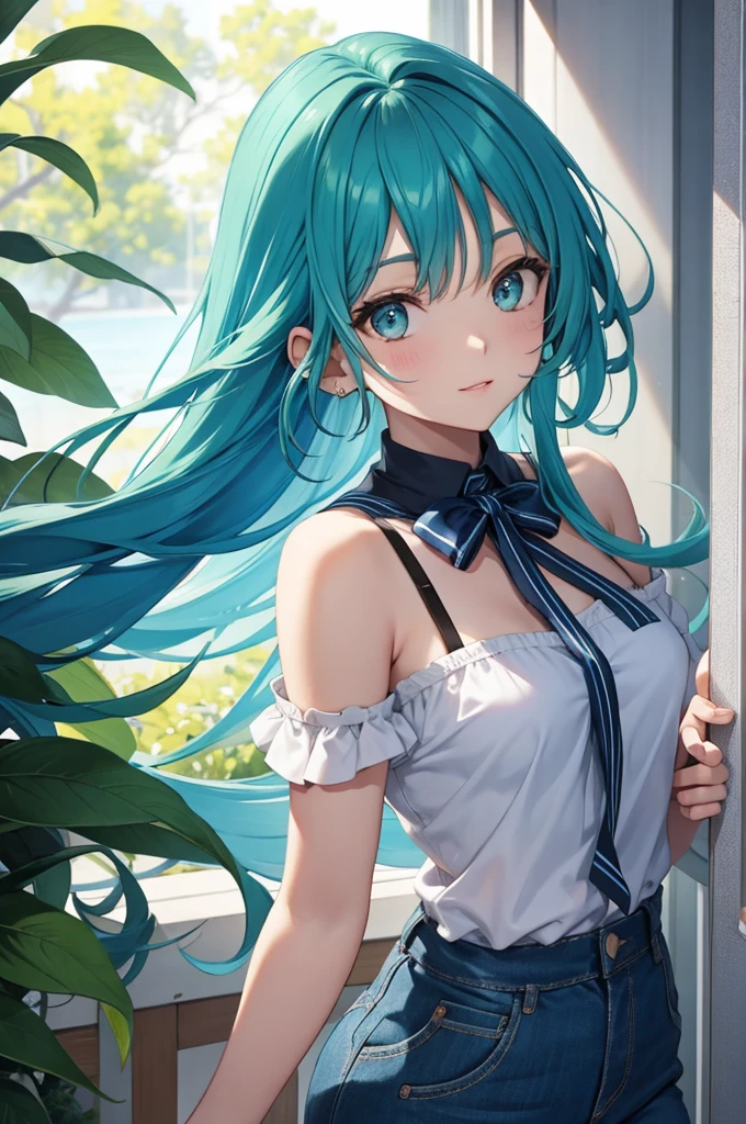 (Highest quality, 32k, High resolution, Masterpiece:1.5), Blonde girl drawn in Japanese anime style, Expressing emotions, Have a rich imagination, Beautiful Japanese Girls, ((Low - Angle:1.4)), An exceptionally beautiful face, Small Face Beauty, Perfect Human Anatomy, Magical big eyes, Motherhood and generosity, Deep Love, Smile, ((Shiny turquoise hair:1.4)), Super long straight silk hair swaying in the wind, Asymmetrical bangs, Hair between the eyes, Transparent, soft white skin, Sharp eyebrows, Thin lashes, Natural Makeup, Cheek highlighter, Lips with fine detail, (White see-through camisole:1.4), High resolutionの完璧な鎖骨, High resolutionの美しい胸元, Slim figure with ample breasts, High resolutionの美しい太もも, ((Beautifully detailed skies:1.2)),mysterious