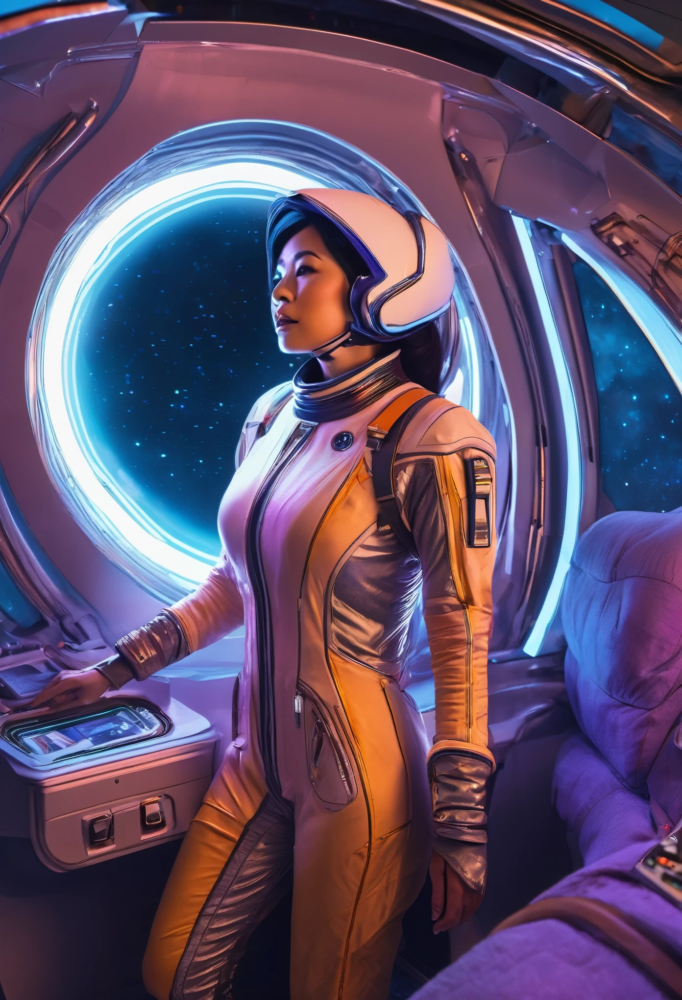 A busty woman, aged 40, from Malaysia, wearing a sexy space suit with a hijab covering her hair, is looking out of a window on her spaceship. The window overlooks a blurred motion of the outside, indicating a high-speed interstellar journey. The woman's confident gaze and the expression on her face suggest a sense of adventure and excitement. The window is surrounded by blinking lights and high-tech gadgets, showcasing the advanced technology and futuristic aesthetic of the spaceship. The lights create a mesmerizing display, illuminating the woman's face and highlighting her intriguing presence. The space suit she wears is sleek and form-fitting, emphasizing her curves and adding to the overall sensuality of the scene. The colors in the artwork are vibrant and dynamic, representing the vastness and beauty of the cosmos. Soft, ethereal blues and purples dominate the color palette, with occasional pops of bright and vivid colors. The lighting inside the spaceship is dim and atmospheric, casting dramatic shadows and enhancing the overall ambiance of the scene. The space ship itself is a marvel of engineering and design, with clean lines and futuristic shapes, seamlessly blending function and aesthetics. Overall, the prompt captures a compelling mix of sensuality and high-tech futurism, creating a visually stunning and captivating scene.