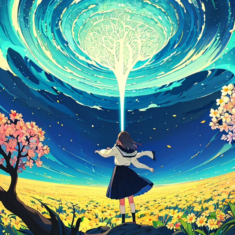 The illustrations are reminiscent of Makoto Shinkai's iconic style.、Draw the secrets of the magical forest。The girl is depicted in a modern art style.。Girl holding a magic wand、Oddly shaped tree in the background々and colorful flowers々is spreading。There is a fantastic light floating around the girl.、The light is depicted as integrating with the surrounding nature.。