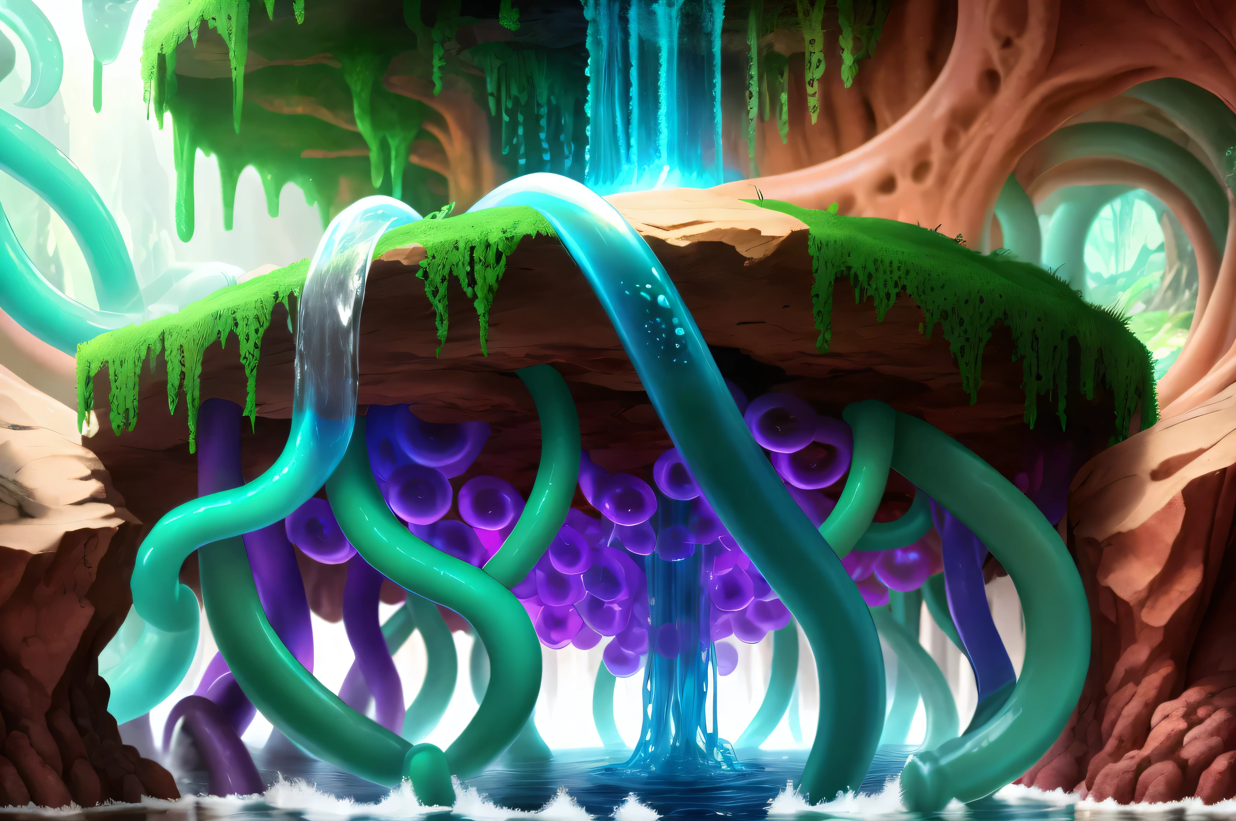 ((Best quality)), Tentacle, cave, full with tentacle, liquid, breeding, fantasy, breeding cycle, water.