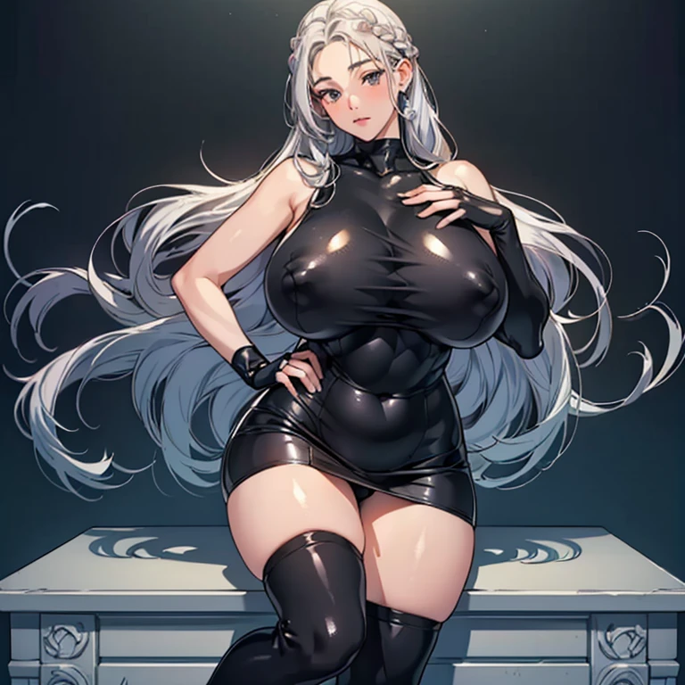 (High resolution)),((Game CG)),(masterpiece),(highest quality), (Very detailed),shape,((Very delicate and beautiful)), , Very embarrassed look,Looking at the audience,(((18-year-old female)),((whole body)),Detailed face and eyes,Jewel-like eyes,(Loosely braided long hair),,,(Super huge breasts,Long and slightly saggy breasts,very big nipples) Silver hair and black eyes Plump body Rubber suit, mini skirt, black knee socks, skirt lift