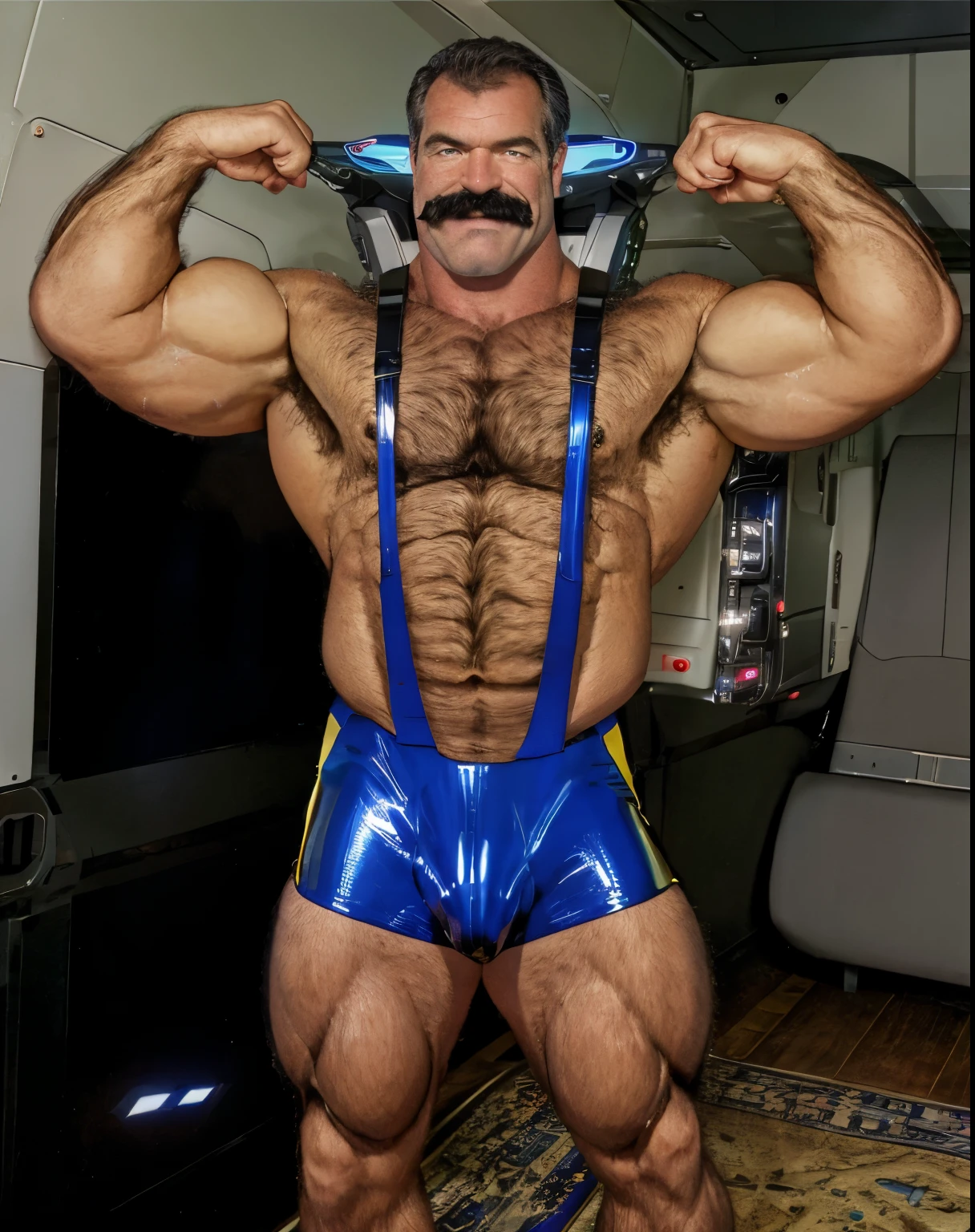 full body portrait, strong burly hairy mature older man(space captain), wearing futuristic captain's uniform insignia (neon and black) (open and revealing) (latex) , gray hair, broad shoulders, round belly, thick feet, bulging micro thong, barefoot, scifi spaceship captain uniform, neon lights, best quality elegant masterpiece, face looks like Tom Selleck (Magnum PI) , military buzzcut, dark mustache, gray stubble, latex, wearing a latex thong, big bulging crotch, futuristic gear equipment, wearing see through plastic chest armor (neon yellow and electric blue), wearing neon yellow see through chest armor, wearing electric blue latex chaps(see-through) , wearing cool neon sneakers,in spaceship cockpit, lying in spaceship sleeping quarters(bed) (view from above), smiling with teeth showing, nicebulge, waiting in bed, glowing armor, legs up(!) and spread(!) , big muscle ass, wet and dripping ass, visible asshole(!) , wet asshole, hairy pecs, thick long legs, silver hair
