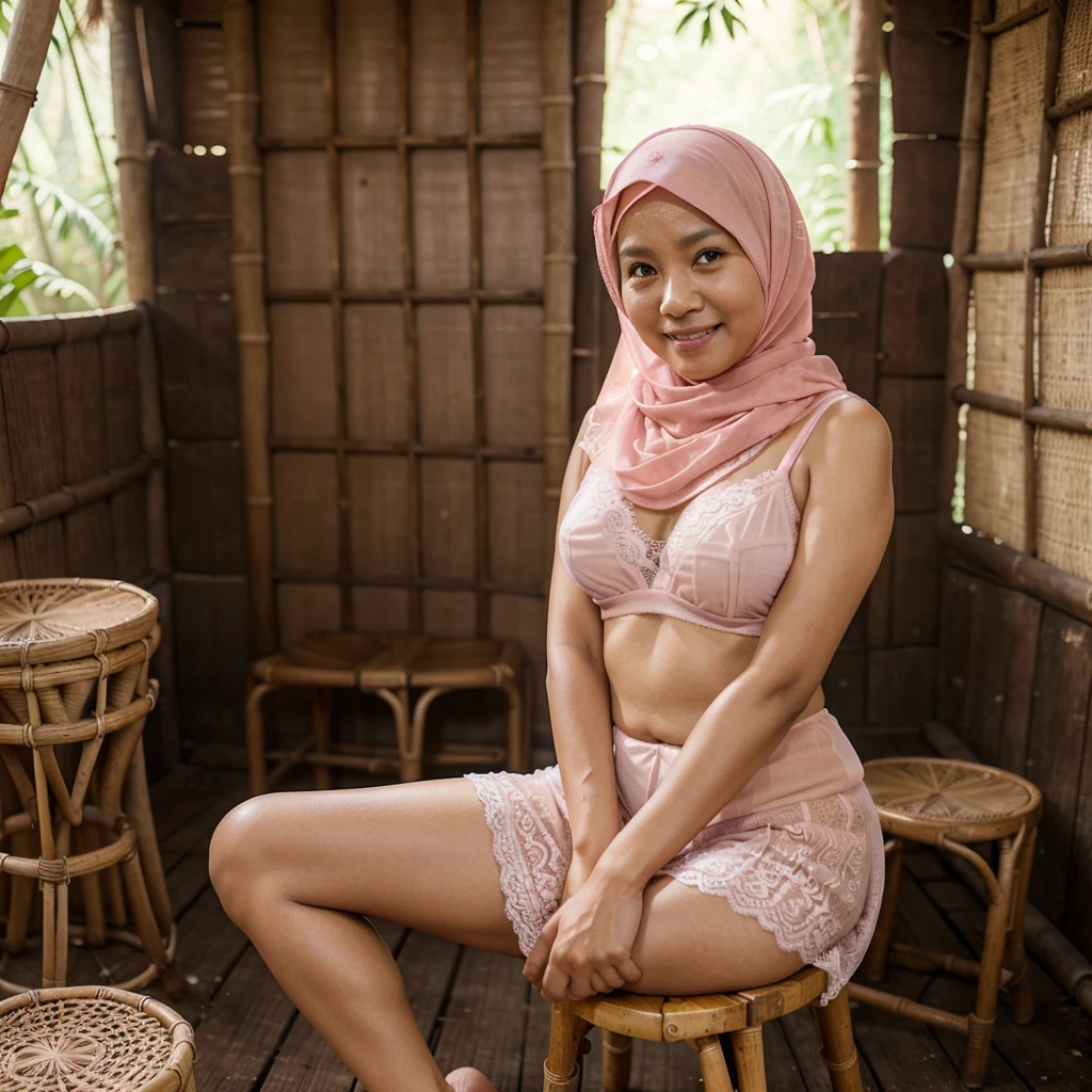 A 52 years old Indonesian woman in light pink hijab, wearing light pink bra, wearing very short see-through light pink lace skirt, white small panties, villager, poor woman, darker skin, curvier body, short body, smiling and sitting alone on a stool in an old bamboo cabin in a forest, look to the viewer with eye close, embarrassing.