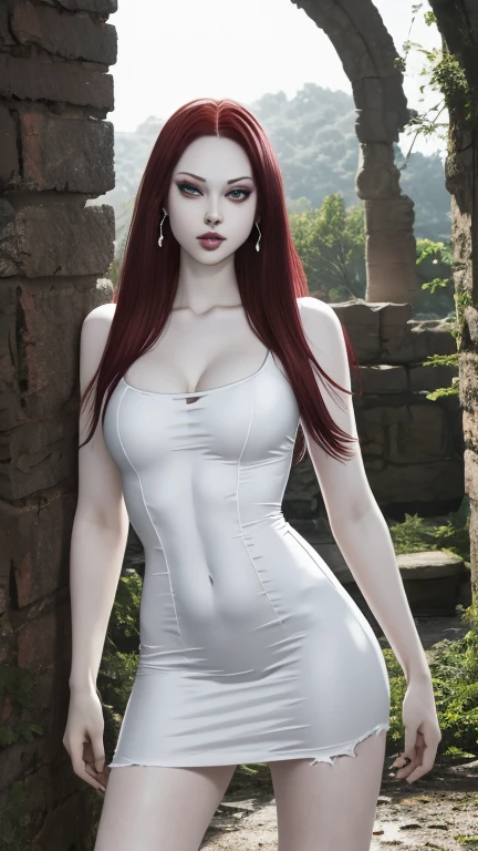 Ultra realistic, 16k, best quality, high resolution, erotic, hot atmosphere, 1 girl, 18 years old, long red hair, sexy eyes look, pale white skin, sweaty skin, earrings, sexy black latex dress, big natural breasts, hot big tits, slender tall hot body, seductive, sensual posture, full-length sexy pantyhose, Battle ruins, wide hips, thick legs, torn clothes, blurred background, depth, dream aesthetic, dream atmosphere, cinematic lighting.