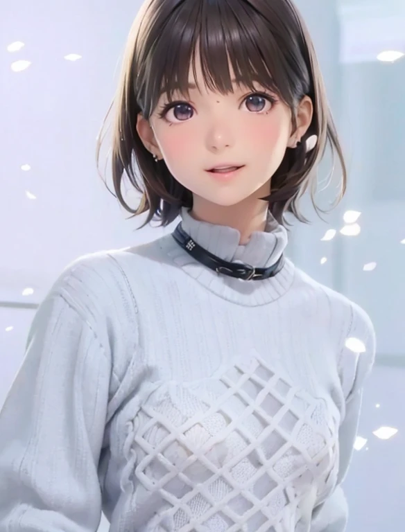 High resolution,In 8K,highest quality,detailed,Semi-realistic anime,Anime 3D Style,Smooth anime CG,One Girl,19-year-old woman in Japan,slim,Modeled,Shiny brown hair,Medium Hair,detailedな顔,Beautiful and detailed,Glowing Skin,Dark chocolate brown sweater,Earrings,straggling hair,Angelic hairstyle,Small breasts,Watching the audience,Laughing with mouth open