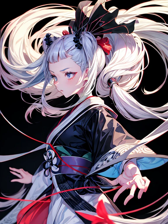Pipe,Gray Hair,,neutral,kimono,Black background,An illustration,Fantasy,1 person,Twin tails,dynamic