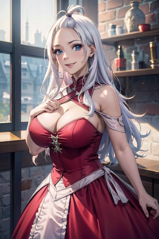 (best quality,4k,8k,highres,masterpiece:1.2),ultra-detailed,realistic,photorealistic:1.37, Mirajane Strauss with a beautiful smile wearing a sexy red dress 