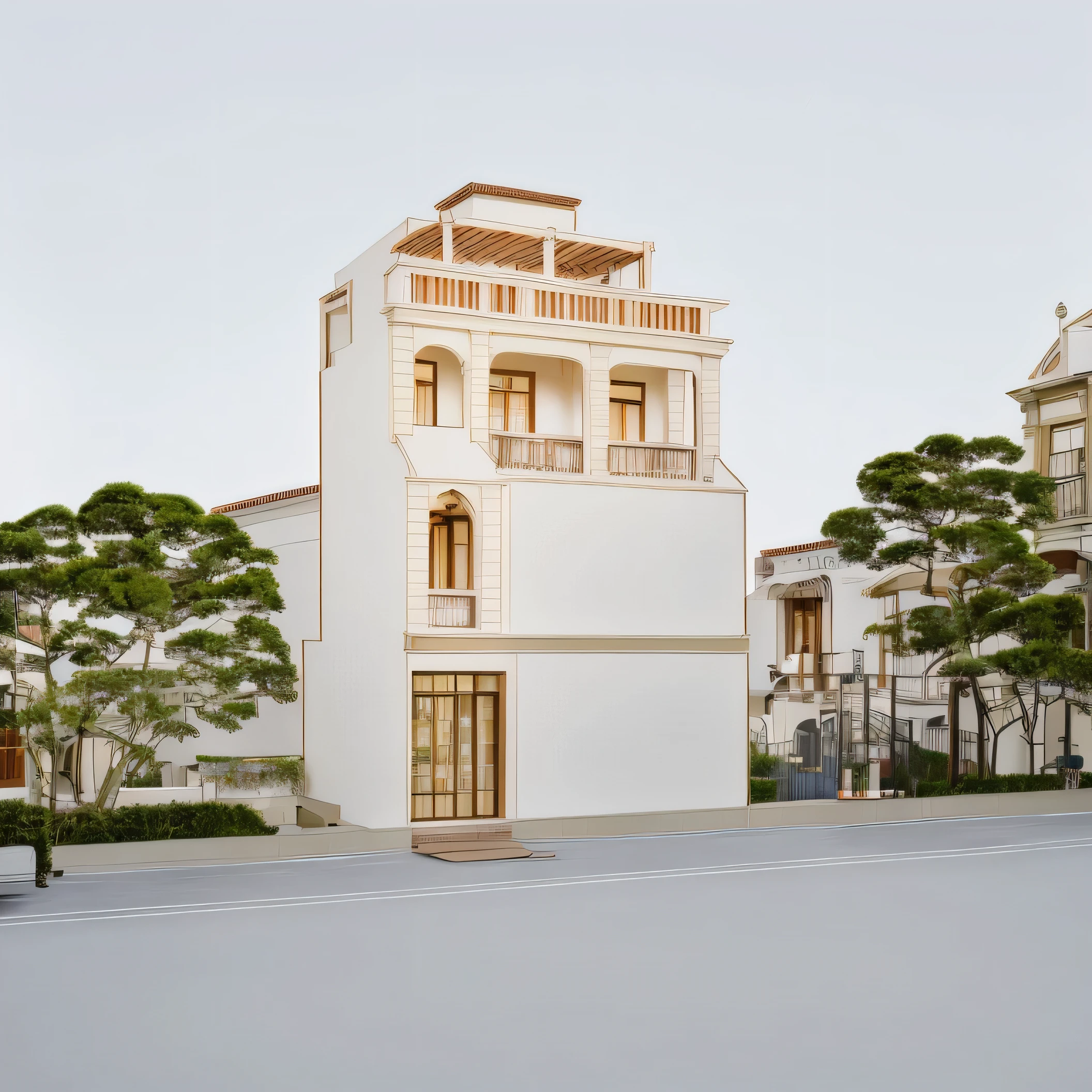 a drawing of a building with a balcony and a balcony, elevation view, by João Artur da Silva, street elevation, front elevation, building facing, by Ramon Silva, an extremely detailed building, frontview, perspective view, front-view, inspired by Pedro Álvarez Castelló, sketch - up, front elevation view, architectural illustration