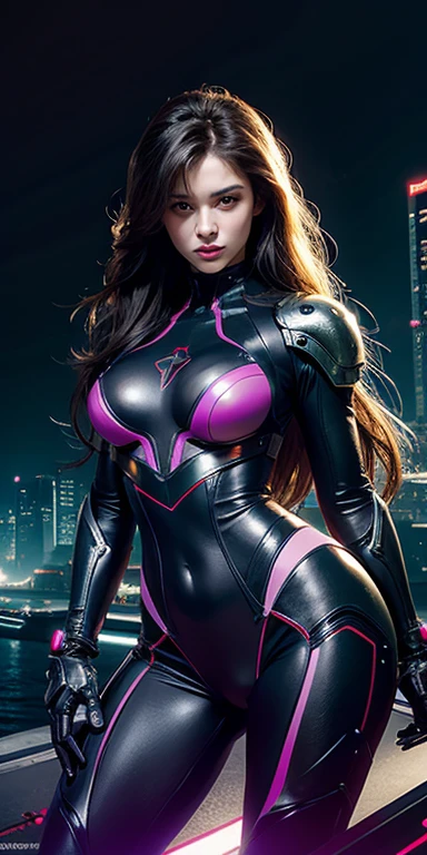 realistic, high resolution, Bright glare,1 woman, alone, ???? up, (detailed face), brown hair, long hair, Mecha Musume, mechanical parts, robot joint, single mechanical arm, Mechanical radius, ?????? body suit with many neon lights,White ???????? with neon lights,A purple light flashed from the armor, brightly spreading out from the armor.,,  city at night