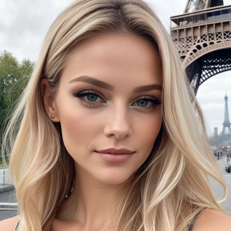 Femme blonde en vêtements sexy avec un visage gonfler,rayonnant de confiance, se tient devant la Tour Eiffel en souriant, sex-appeal. Un portrait de la charismatique Corinna Kopf, connue pour ses superbes cheveux blonds et ses grands yeux expressifs, maquillage naturel, is beautifully captured in this image. Regardez directement dans la caméra, visage avec artgram, Decent makeup. La 1fille, dressed to impress, se tient grand et fier, dégageant une aura de sophistication. With his seductive gaze, elle engage directement le