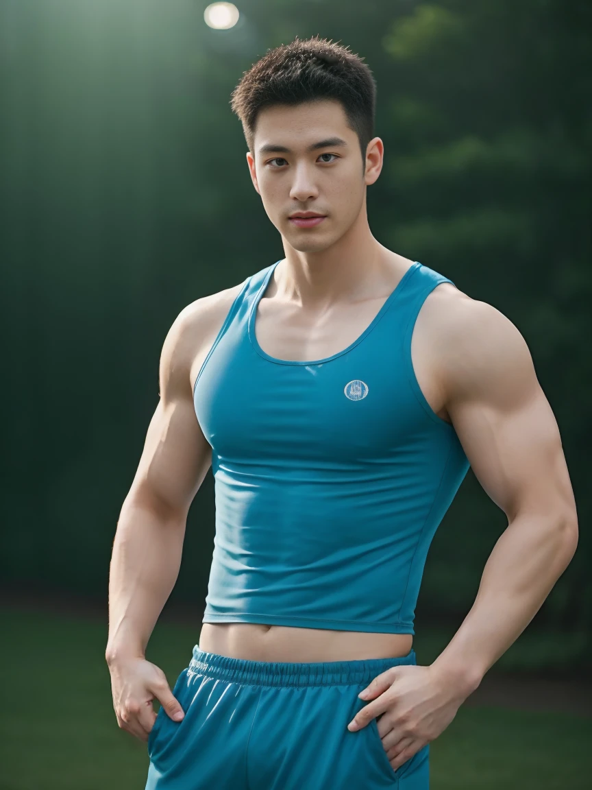 Firefighter in his 20s，Full chest muscles，Has short black hair， blue eyes，Sexy and charming expression，Wear green training clothes、Blue shorts, 大包Convex显亮点，Convex，high resolution, masterpiece, best quality, head:1.3,((Hasselblad Photo)), Delicate skin, Stay focused, (Movie Lighting), night, soft light, Dynamic angle, [:(Delicate face:1.2):0.2],(((exercise))), kinetic, Arm muscles are big, hands on hips.
