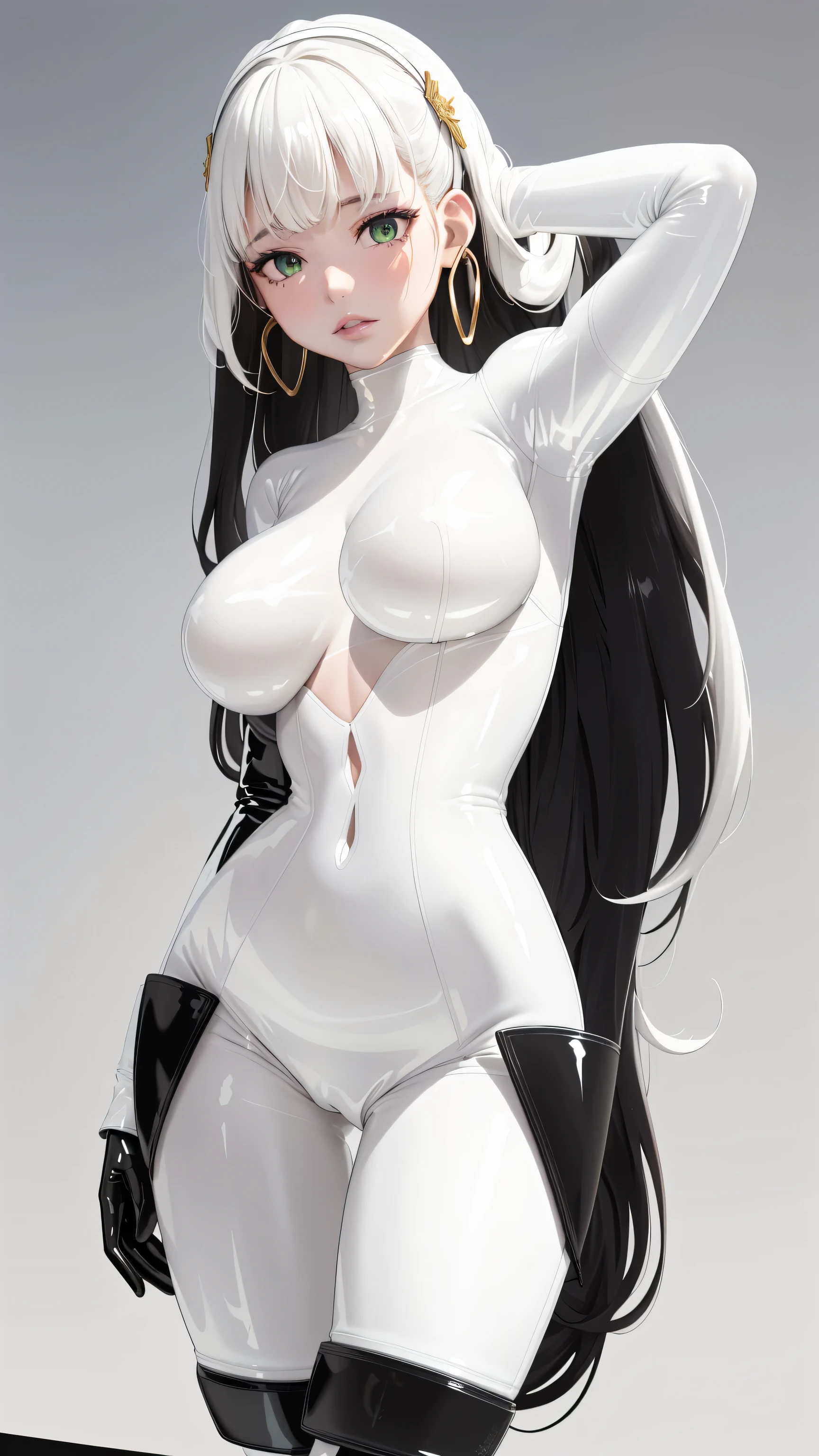 (best quality:1.5, highres, UHD, 4K, detailed lighting, shaders), curly floral haired, ((long black hair with bangs)), large breasts, ((all white latex:1.6)), mature woman , (pov), white background, colorful eyeshadow, dramatic lighting, green eyes, sensual expression, golden earrings, flowing hair, delicate facial features, dark skin, high cheekbones, urban setting, black background, dont look for the camera, lean forward, behind the camera