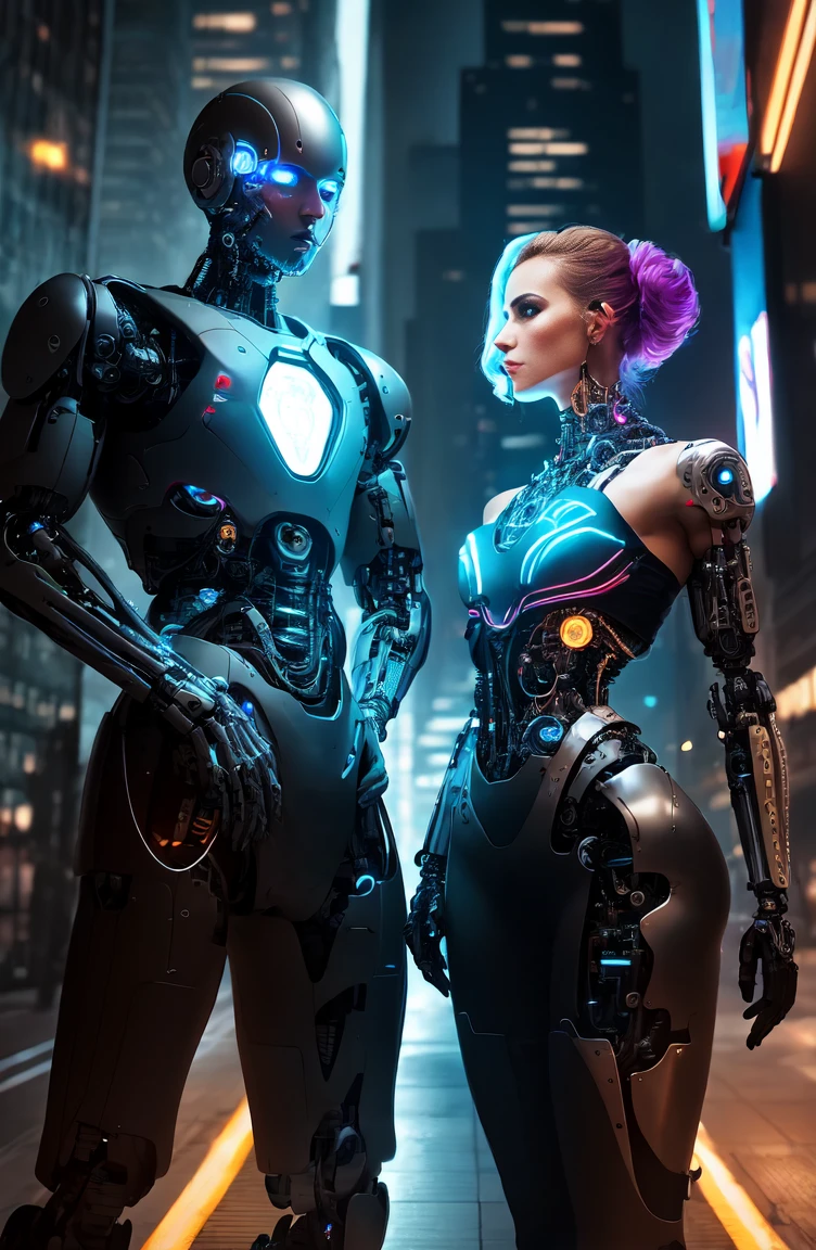 The intimate relationship of a male cyborg and a female cyborg in a skyscraper office in a big city, best quality, absurdres, masterpiece, beautiful, intricate details, 1/2 body crop, slim body, beautiful figure, magnificent anatomy, (intricate details:1.12), HDR, (intricate details, hyper-detailing:1.15), (natural skin textures, hyper realistic, soft light, sharp:1.2), cyberpunk, futuristic, neon colors, dramatic lighting, urban vibes, technologically advanced, stunning architecture, glossy surfaces, shiny metallic parts, dark shadows, reflections, intense gaze, romantic atmosphere, glowing circuitry, city lights, sleek hairstyles, flawless skin, elegant clothing, state-of-the-art technology.