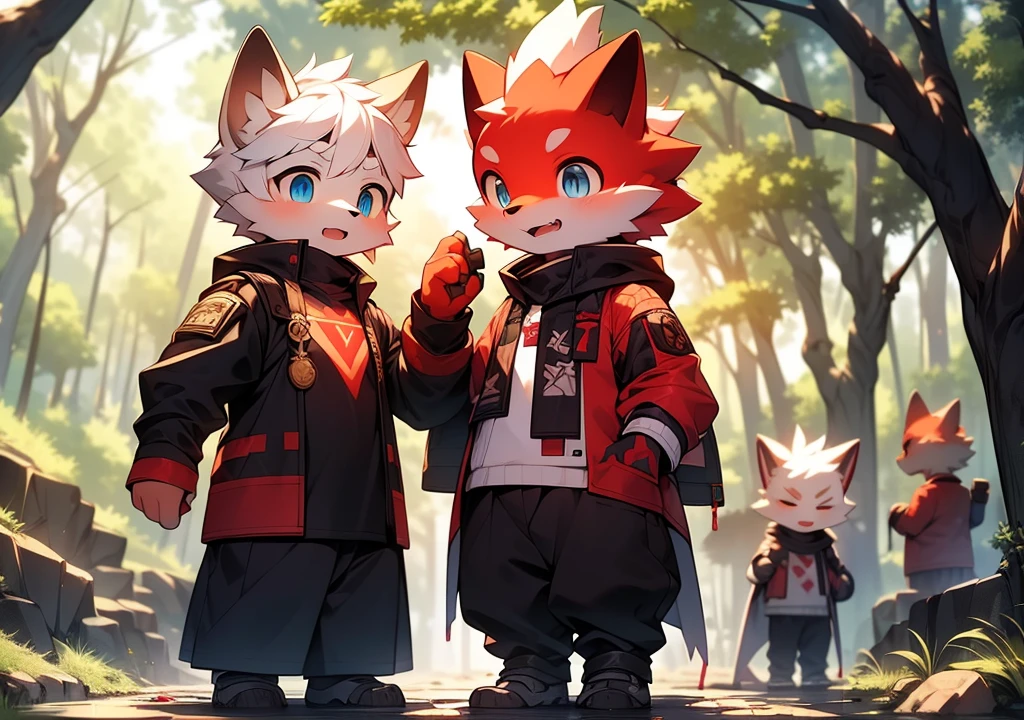 lustful boy，furry wolf，((Shota)), red and white hair, blue eyes, Very good shape, handsome，cute, light：Blurred light and shadow, reflective surface,Red skin，((damaged clothing，common people)) ，((Deep in the woods，stone path，signal，single，person only))，outdoor sunset，((details))，（depth of field），stand on your feet