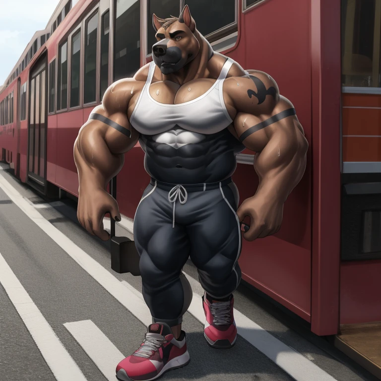 solo, anthro (Neapolitan mastiff, cane corso), full ears, brown and gray skin, detailed eyes, Gym: 1.6, sweat, heavy breathing: 1.5, correct anatomy, biceps, (muscular) thin, veins all over the body, (Normal clothing: 1.2), massive pecs:1.3, background an abandoned street cars, 8k hd, dark shadows