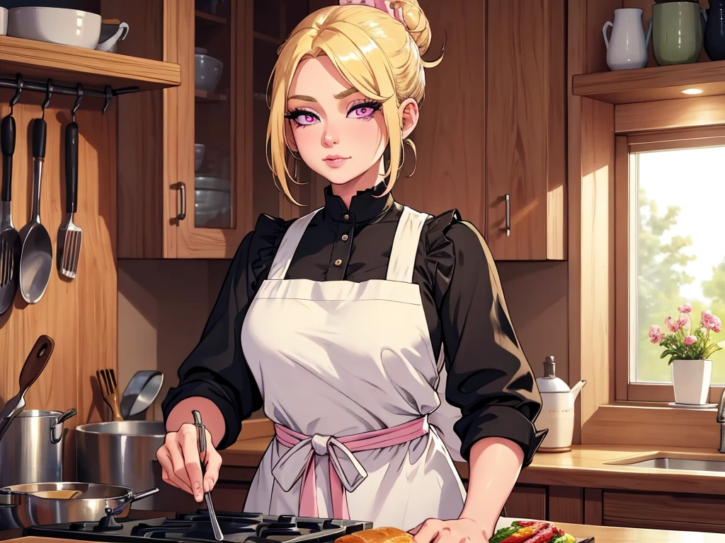 best quality,4k,8k,highres,masterpiece:1.2),ultra-detailed, older woman wearing apron over clothes, blonde hair in bun, detailed pink eyes, extremely detailed face, long eyelashes, in kitchen