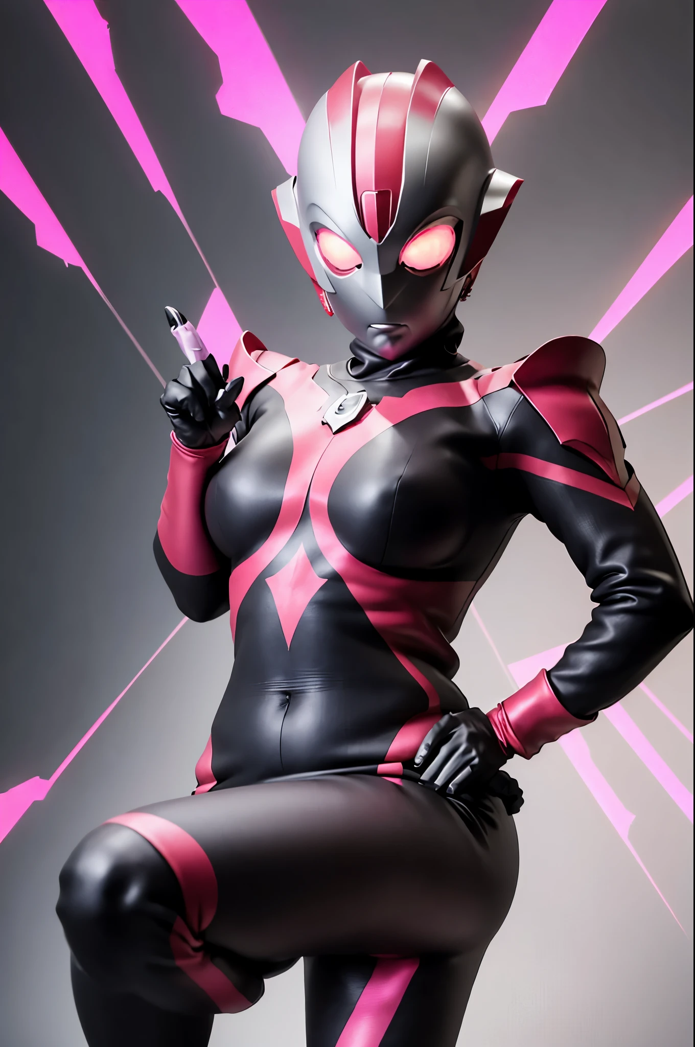 Ultraman Woman. （high quality）（luster）（Black and Pink thema color）（Black helmet. Black mask）women only. The whole body is covered with a black bodysuit. Spike decoration. Pink lines all over the body. purple coloreye. pink glow crystal. pink sharp claw. squat pose. Emphasize the belly button. dark background. 