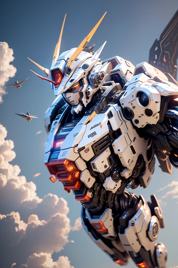best quality, 8k, high resolution, giant humanoid robot flying in sky, mecha, sharp focus