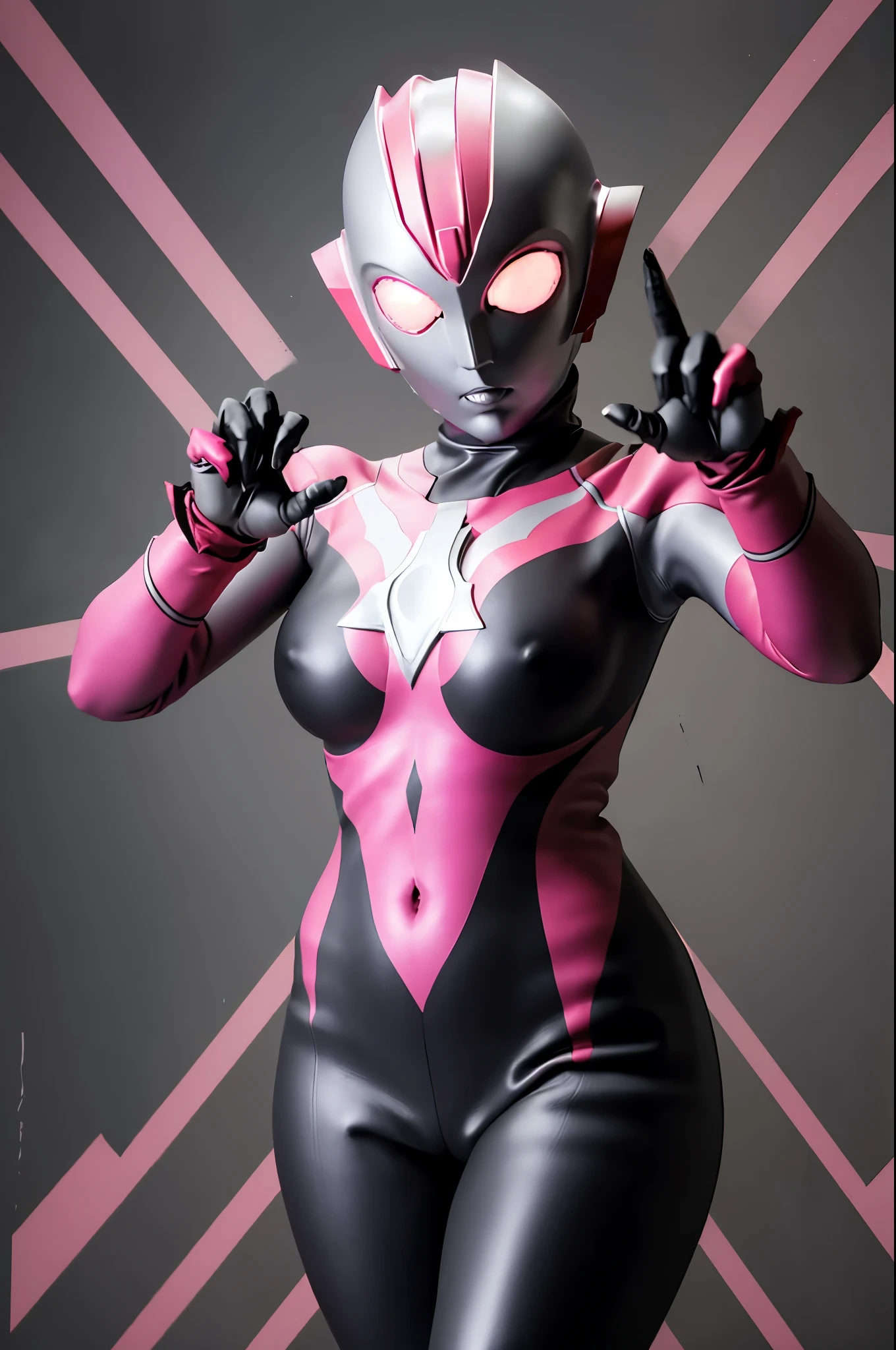 Ultraman Woman. （high quality）（luster）（Black and Pink thema color）（Black helmet. Black  Face）women only. The whole body is covered with a black bodysuit. Spike decoration. Pink lines all over the body. purple coloreye. pink glow crystal. pink sharp claw. squat pose. Emphasize the belly button. dark background. 