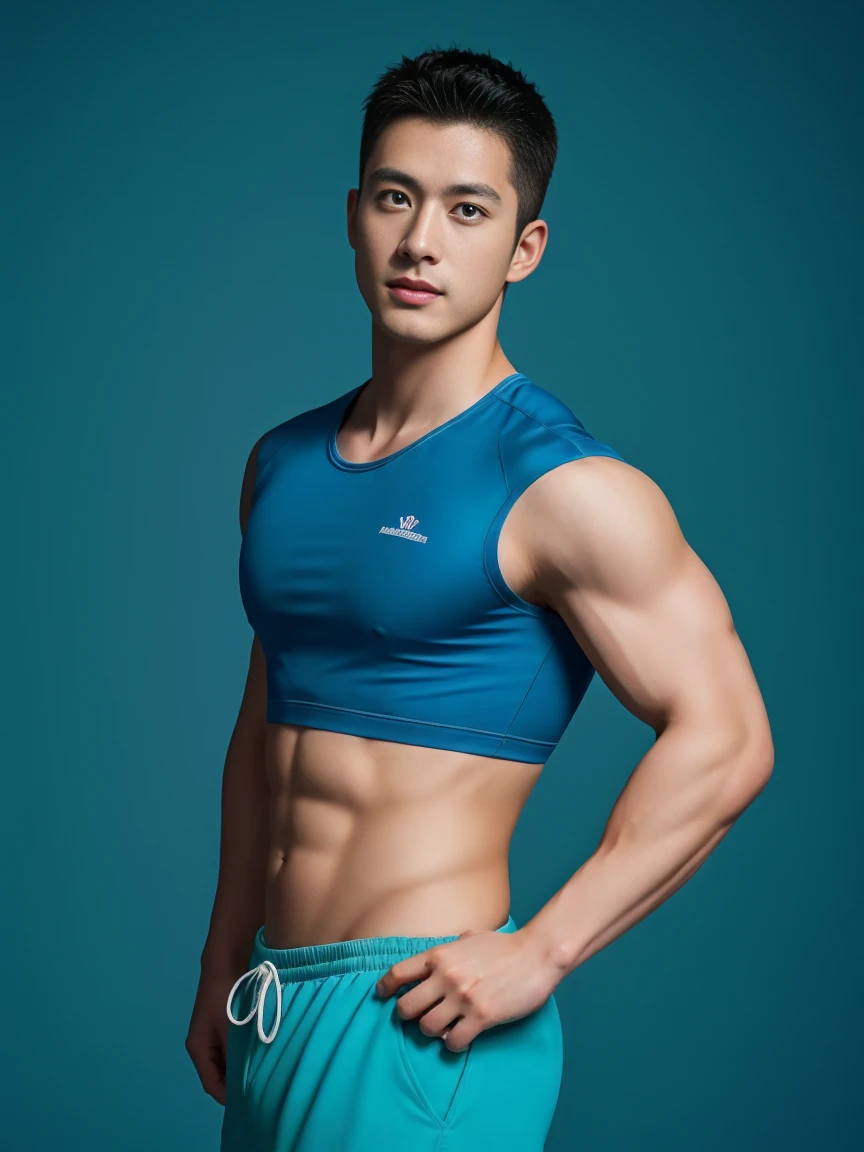 Firefighter in his 20s，Full chest muscles，Has short black hair， blue eyes，Sexy and charming expression，Wear green training clothes、Blue shorts, 大包Convex显亮点，Convex，high resolution, masterpiece, best quality, head:1.3,((Hasselblad Photo)), Delicate skin, Stay focused, (Movie Lighting), night, soft light, Dynamic angle, [:(Delicate face:1.2):0.2],(((exercise))), kinetic, Arm muscles are big, hands on hips.