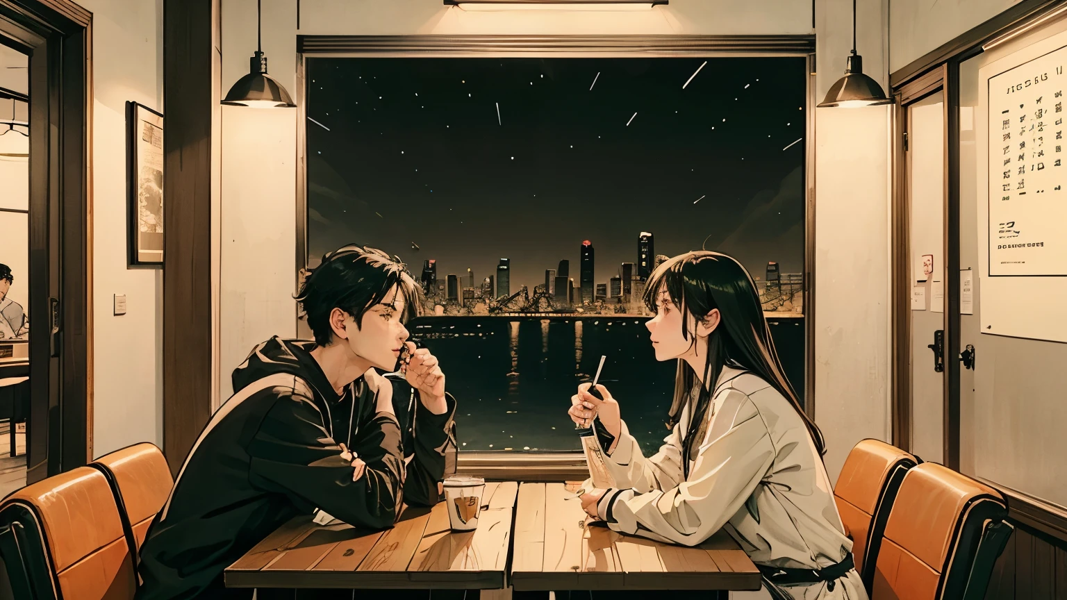 30代の男1nameと女1name,A couple talking、duo of man and woman、 90s anime style, night, coffee shop, moon, Boy with smartphone, late night カフェのカウンター席, Two people talking, (((Detailed face))),Perfect facial detail、Detailed finger shapes、Natural finger shape、City Pop, low quality, Lo-Fi, Chill, late night, Stylish cafe counter seats, Dark Room, futuristic night view outside the window, Dark Room