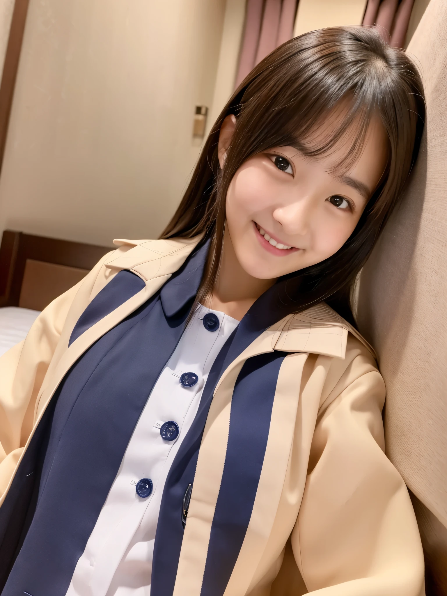 A very cute face like a 15-year-old idol Smiling Kindly School uniform She unbuttons her jacket to reveal her bra Whole body Medium size bust bedroom night Hotel Bed RAW Photos Genuine Real High definition