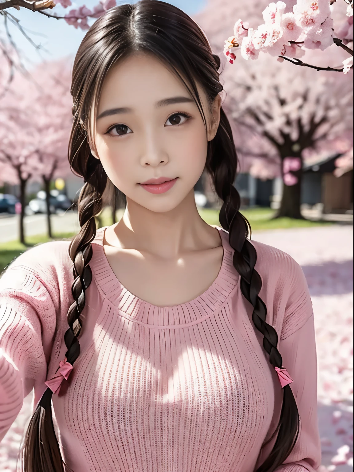 Sexy sweater，Beautiful girl with double braids，Under the cherry trees，Sakura petals are flying all over the ground，Big ，