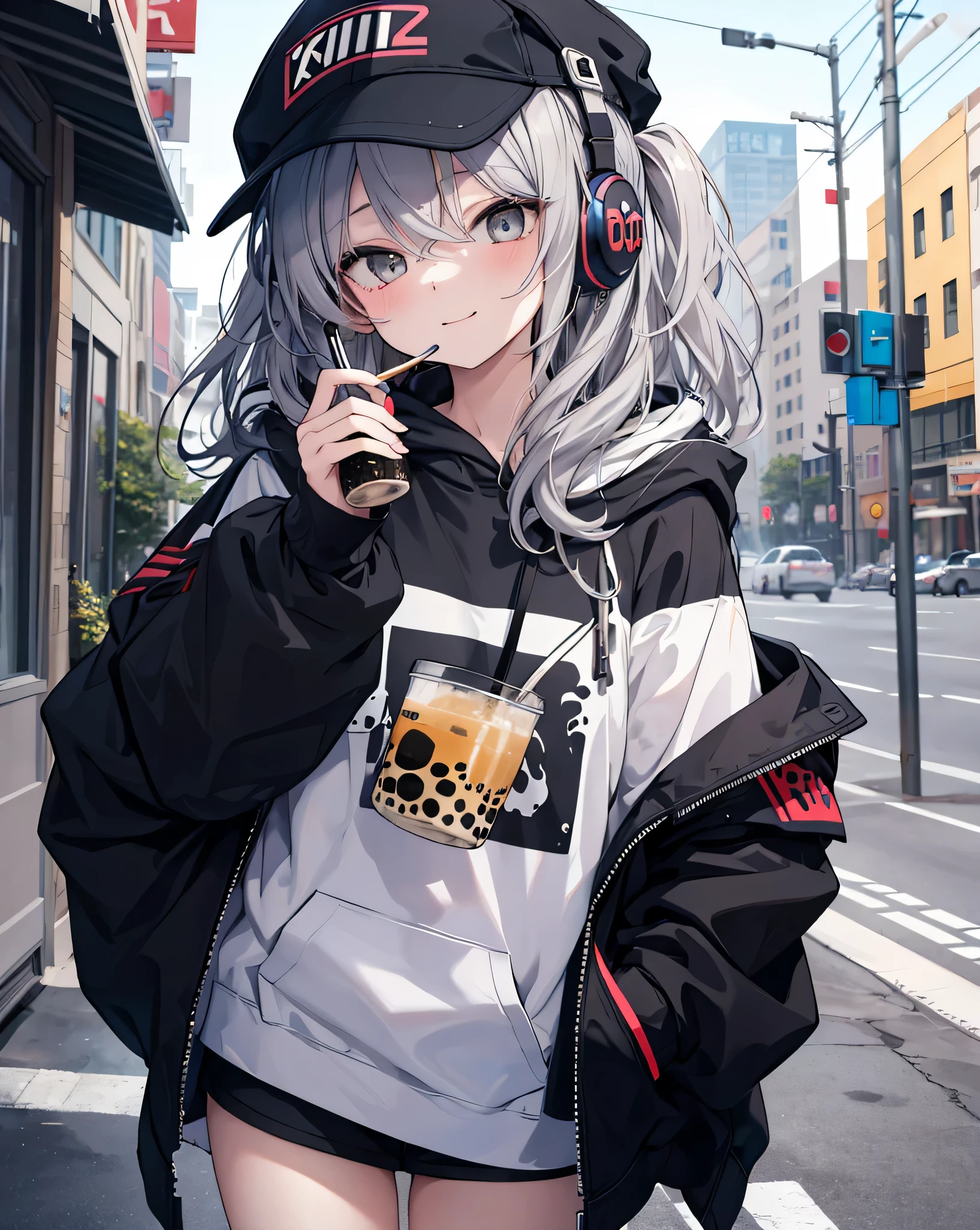 masterpiece,1girl, happy face, long messy grey hair, headset,solo,hoodie,off shoulder:1.2, mob cap, street,hand on hip, holding while sipping a boba shake, black cool jacket