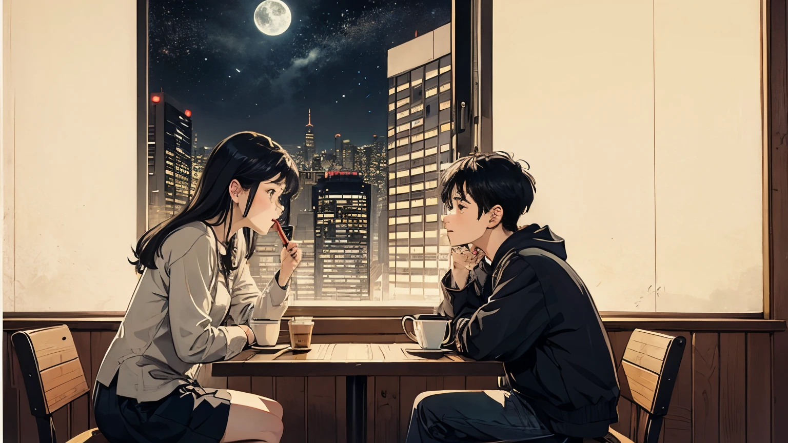 ３０代の男1nameと女１name,A couple talking、duo of man and woman、 90s anime style, night, coffee shop, moon, Boy with smartphone, late night カフェのカウンター席, Two people talking, (((Detailed face))),Perfect facial detail、Detailed finger shapes、Natural finger shape、City Pop, low quality, Lo-Fi, Chill, late night, Stylish cafe counter seats, Dark Room, futuristic night view outside the window, Dark Room