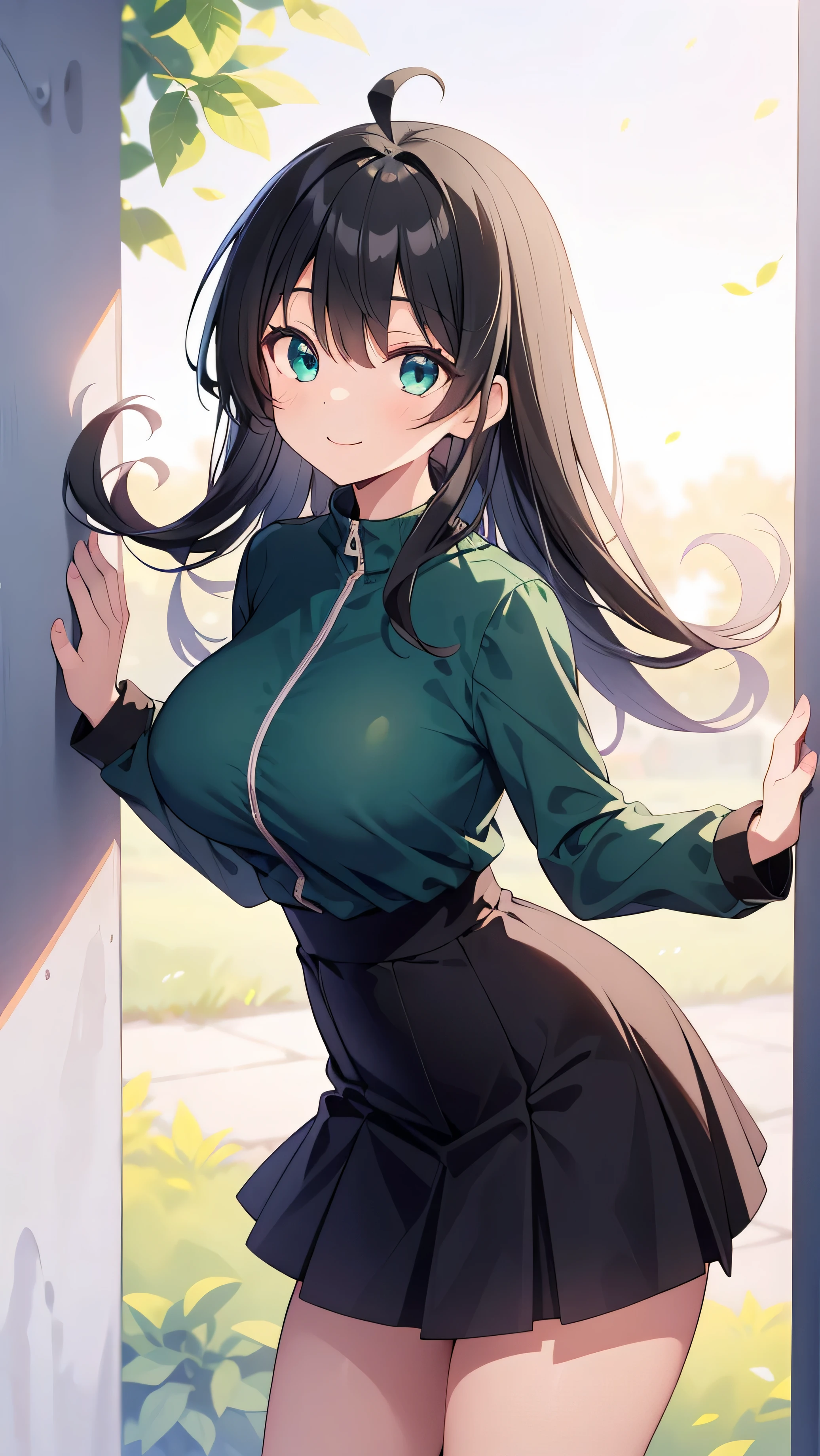 high schoolooks like an elementary school st short, 140 cm tall, black slight green tinge, short ahoge, beautiful long hair but with a little hair sticking out, beautiful round eyes, blue eyes, smile, boyish, long sleeves, Thick clothes, skirt, big breasts, hair longer than waist, long hair, childish face, gentle smile, a little shy, black skirt, black hair with a slight green tinge, boyish, gentle smile, jacket one size larger, ( Deep greenish black hair: 1.2)