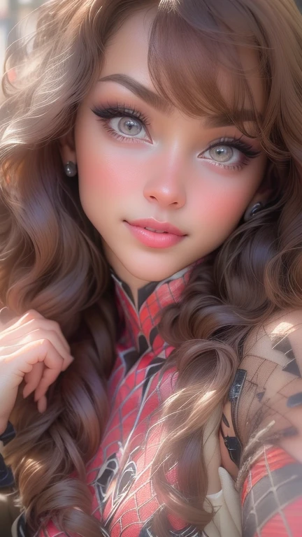 Beautiful woman,detailed,defined body,spider man cosplay,small breasts,beautiful detailed eyes,beautiful detailed lips,extremely detailed eyes and face,longeyelashes,(best quality,4k,8k,highres,masterpiece:1.2),ultra-detailed,(realistic,photorealistic,photo-realistic:1.37),vivid colors,HDR,studio lighting,physically-based rendering,extreme detail description,professional,portraits,spiderman costume,shiny texture,fitting tightly,subtle muscles,feminine figure,confident expression,sharp focus,luxurious long hair,striking beauty,attention-grabbing appearance,perfect makeup,tiny waist,stylish pose,playful attitude,breathtaking background,lively atmosphere,cityscape view,web-like patterns,superhero-inspired composition,bold contrast,emphasis on curves,expressive eyes,subtle smile,luminous glow,graceful movements,artistic interpretation,colorful palette,exquisite persona,impressive realism,aesthetic excellence,artistic flair.