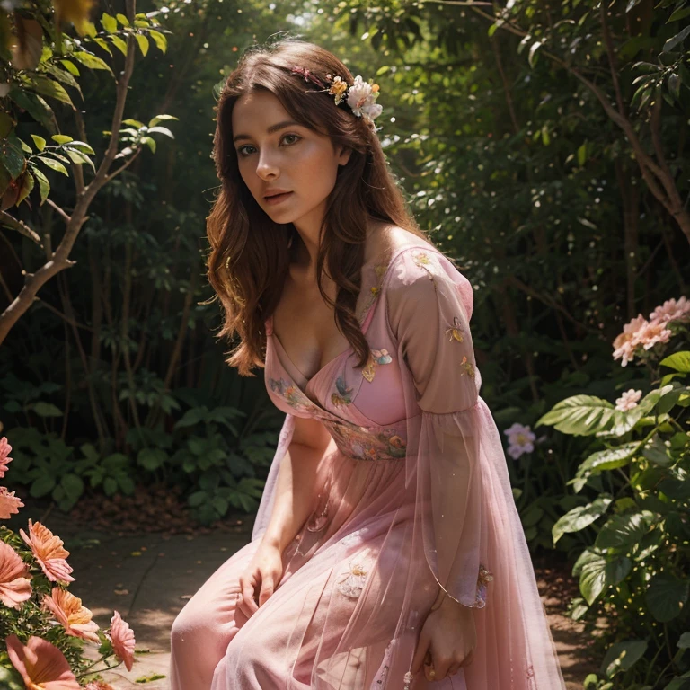 Create a vibrant forest scene with Elain Archeron from the ACOTAR book, where she is surrounded by colorful flowers and singing birds wearing a pink see through dress