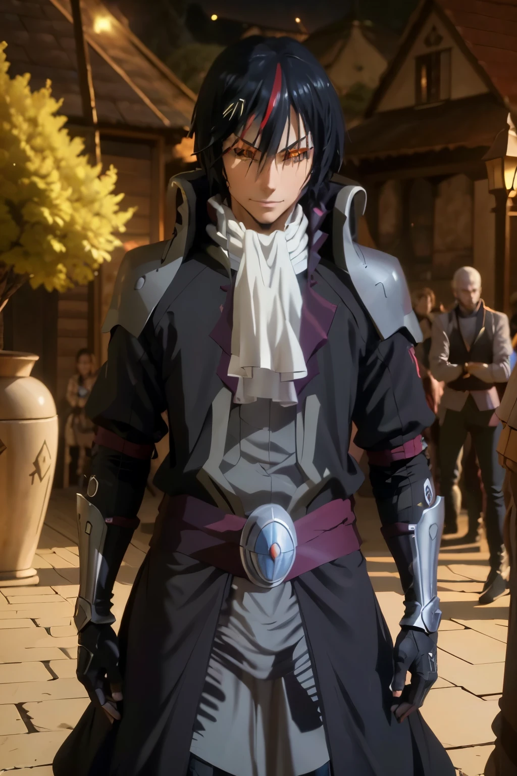 (best quality,highres:1.2), detailed fantasy art,serious expression,robot-like eyes,long black hair,evil smile, fighting stance, diablo de tensei shitara slime datta ken, serious expression, el cabello es negro, los ojos son de robot, detailed fantasy art, postura de lucha, su sonrisa es malvada, cuerpo completo, fuego alrededor, It's night and there is lightning in the sky, Diablo tiene un aura de dios