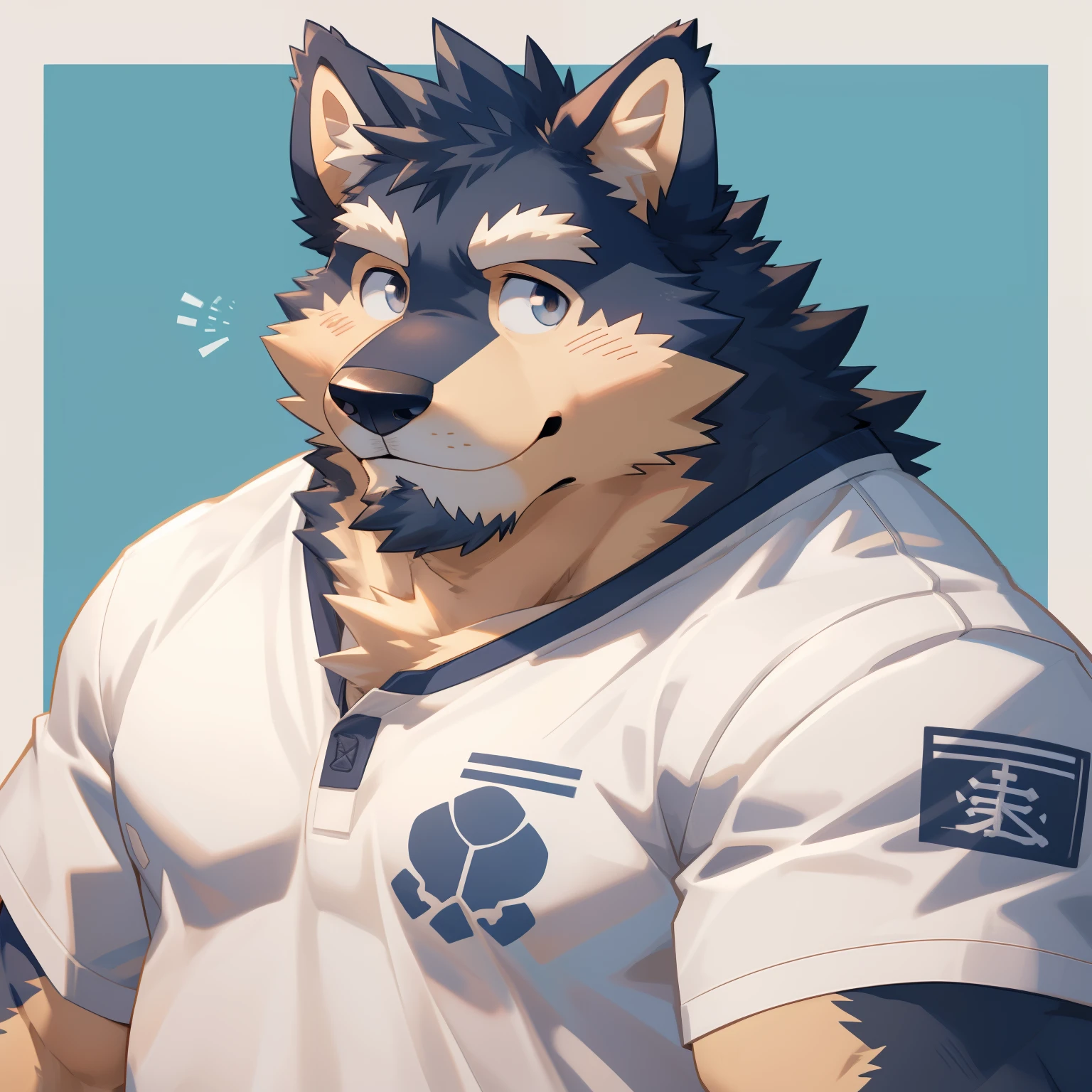 Scribble 德国牧羊dog face,Cute face,Humanity(dog),(White short sleeve:1.3),Chubby,(white eyebrows:1.1),（Upper body naked:1.2）,(perfect black eyes),Simple background, Blue Background,print style。（Artist:Takemoto Arashi）