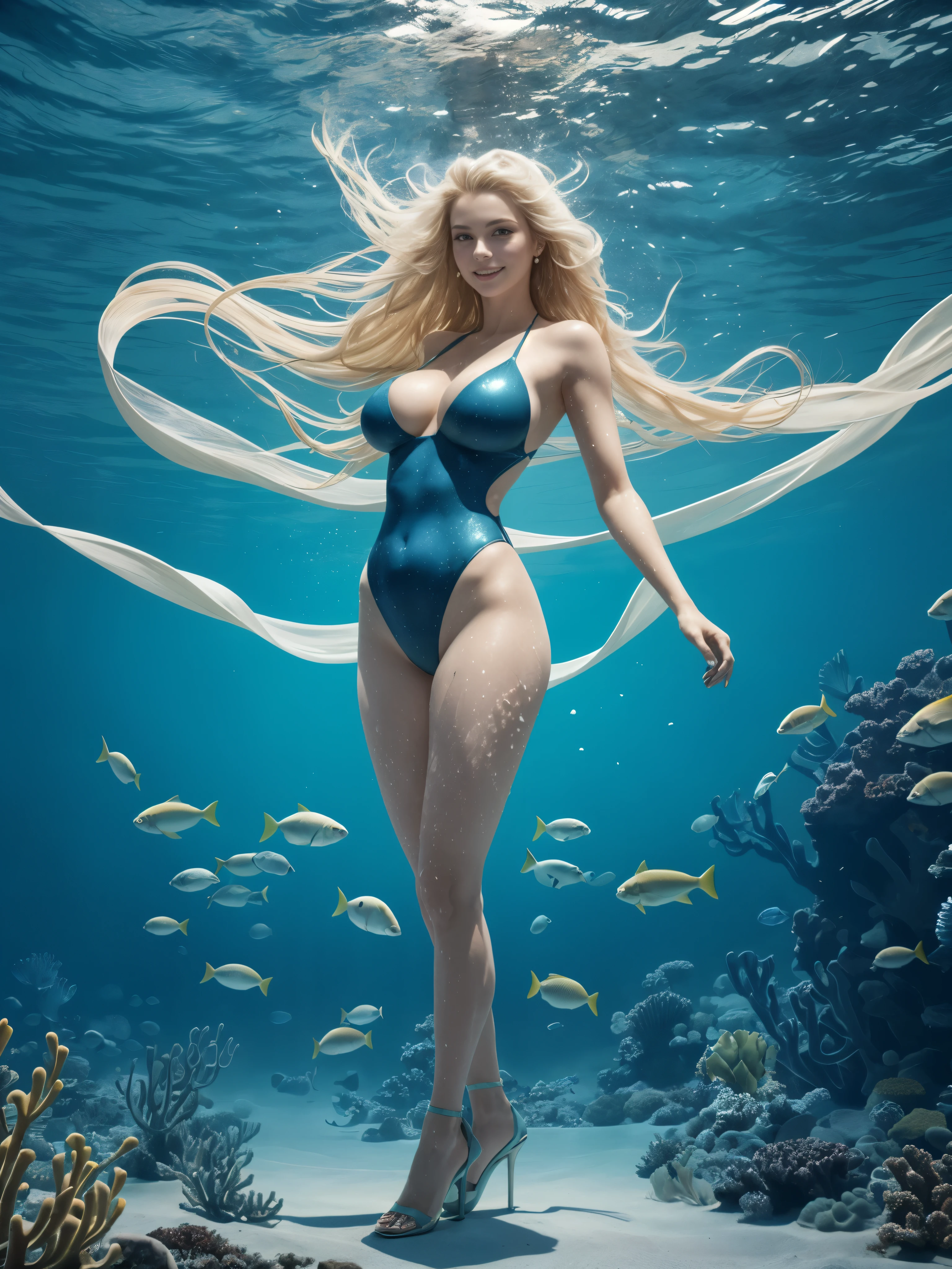 a girl with huge breast, BREAK, 1girl, huge breast, (full body:1.4), very high high heel, cleavage, side boob, 

swimming pool, sparkling water surface, bikini leotard, closed mouth, (smile:0.8), ambient occlusion, luxurious room with nautical elements as a background, completely detailed background,(masterpiece, high quality, 8K, high resolution), ultra detailed, Queen of the Sea Deep, hair color combines blue and green, luxurious dress made from sea elements, add shells, pearls, fish scaly texture to the outfit, fantasy daydream, surreal, vibrant, dramatic, epic, gorgeous, 