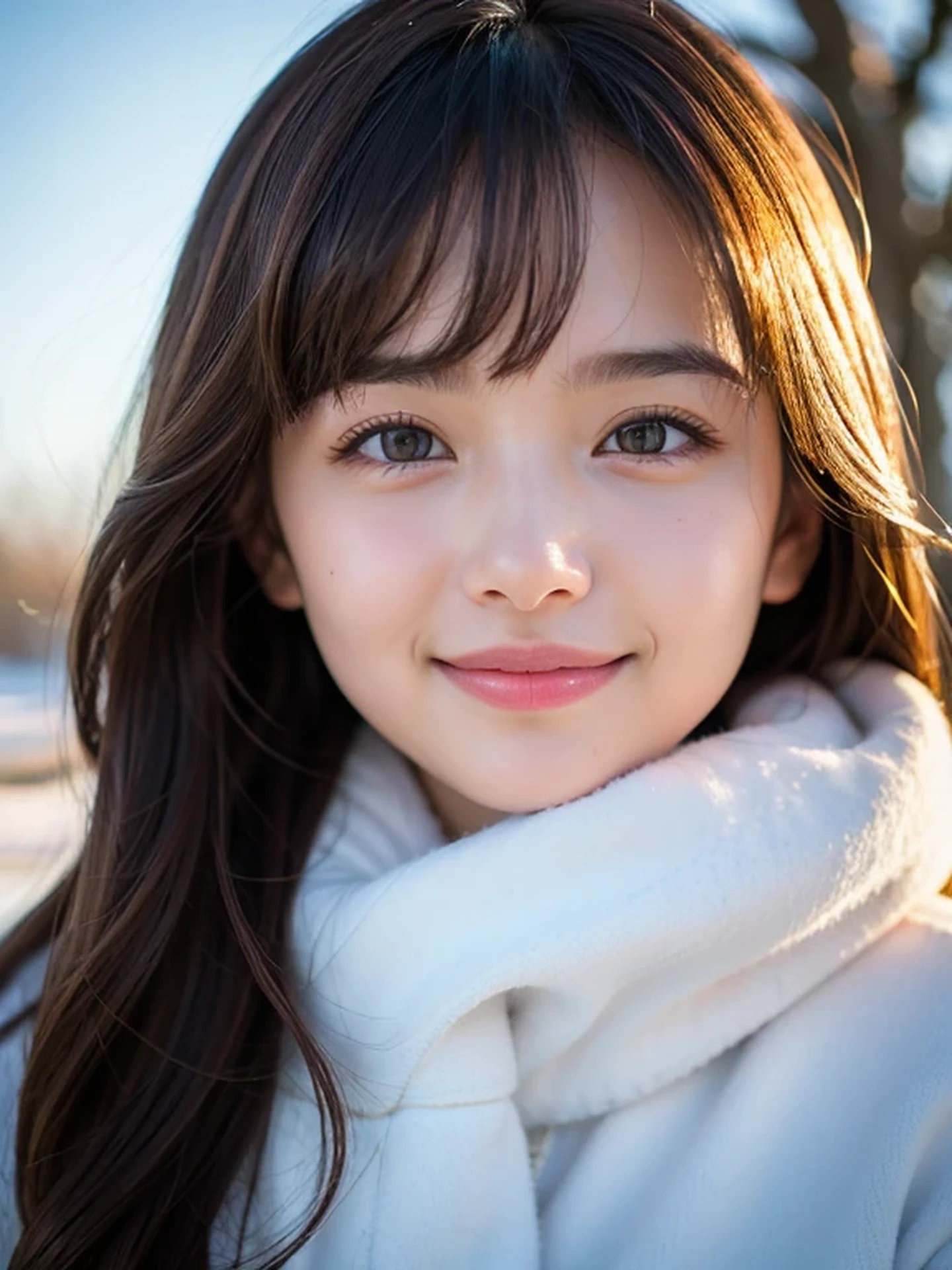 masterpiece, Best Quality, Raw photo, 8K, ultra-detailed face, 1girl, Close-up, Beautiful detailed skin, backlight, soft light, bashful, (shoot from front:1.2), happy smile, open your mouth to say something, Luminescent, Anatomically correct, Medium hair, bangs, hair blown by the wind, Eyes and faces with detailed, Textured skin, Professional Photography, Bokeh, Portrait, Professional Lighting, Solo, Cute, Girly, Film grain, A world of ice, warm clothes to survive the cold winter,