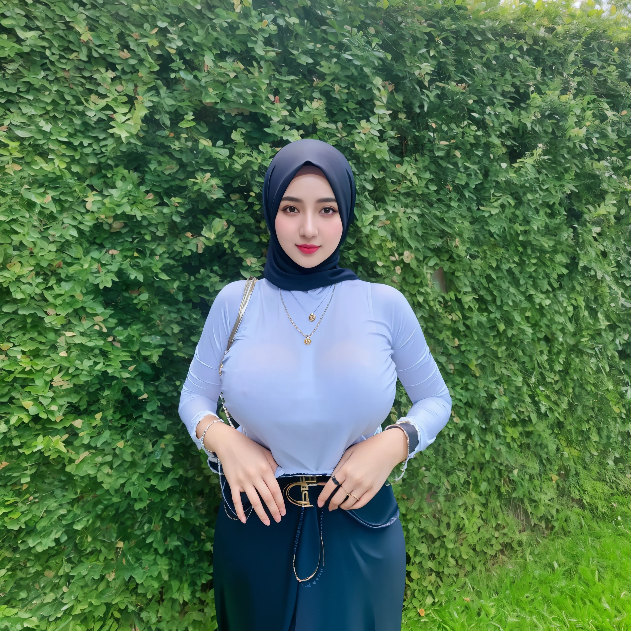 RAW photo of a 24 year old girl wearing hijab, satin abaya sexy sea foam   , satin, hijab face portrait,((tp background)), 8k uhd, dslr, soft lighting, high quality, film grain, Fujifilm XT3, covered dress, patterned dress, ((gigantic breasts:1.5)) , (detailed nipple) 