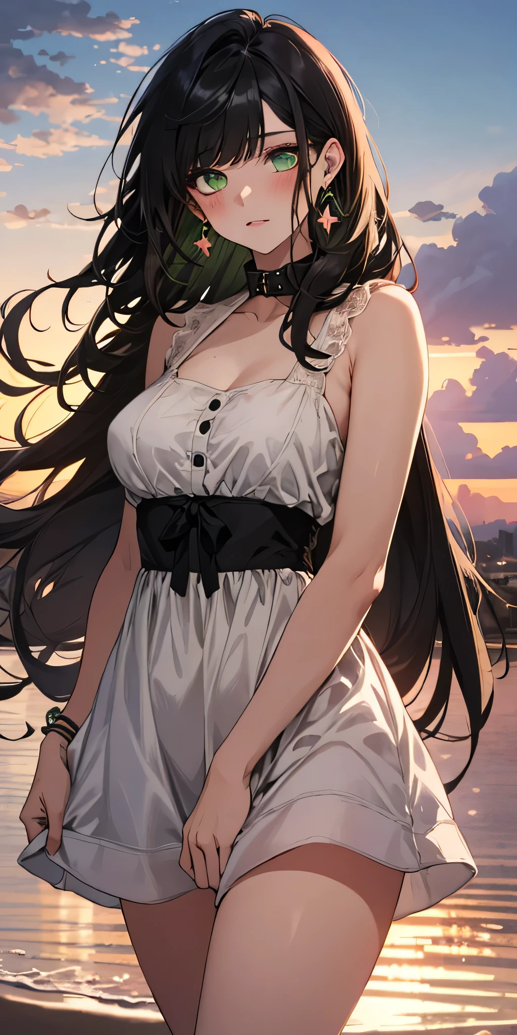 (top quality, masterpiece, high quality, ultra-delicate), ((beautiful girl)), ((Dark black hair)), mature, graceful curves, (long hair, long bangs), ((bright green eyes)), detailed eyes, modern clothing, bangs, fashionable clothing, black collar, long white sundress, casual ribbon, large breast and chest, charm, fashion, sunset in the background small blush, thick thighs, breast, green earrings.