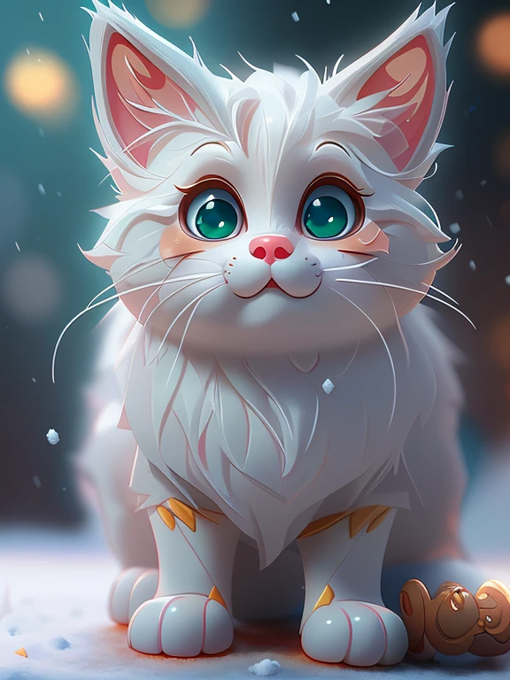 a cute little cat+Snow-white furry，Big bright eyes，A sweet smile，Movie Lighting， ultra clear details， Ultra-transparent material， Close-up of， complex texture， rendering by octane， zbrush， 8K， 