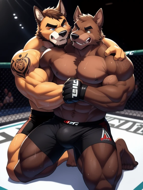 Duo male fighters(Brown Dog vs Brown Dog, handsomes, perfect eyes, Thick eyebrows), beso gay(Cuddling kneeling embraced around his neck from behind, in a UFC match), hot(Full body, shirtless), handsomes(They are handsomes, correct anatomy), musculosos(Big muscle bodies, Six packs, muscle abs, big pecs, muscle legs, muscle backs), sweaty(very sweaty wet bodies), tatuajes(they have tattoos), Angry(They have an angry expression), UFC gloves(They both are wearing UFC gloves), Boxers(They are wearing Black boxers, big bulges), Hight resolution, Black background