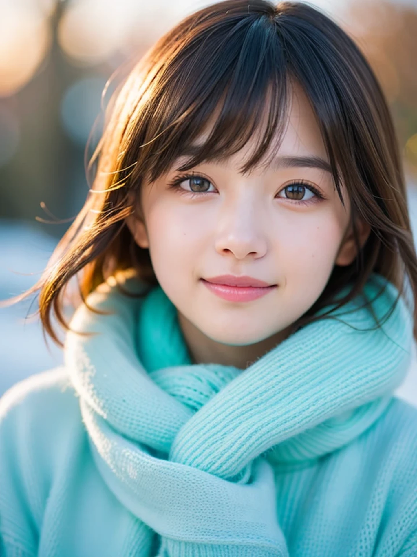 masterpiece, Best Quality, Raw photo, 8K, ultra-detailed face, 1girl, Close-up, Beautiful detailed skin, backlight, soft light, bashful, (shoot from front:1.2), happy smile, open your mouth to say something, Luminescent, Anatomically correct, Medium hair, bangs, hair blown by the wind, Eyes and faces with detailed, Textured skin, Professional Photography, Bokeh, Portrait, Professional Lighting, Solo, Cute, Girly, Film grain, A world of ice, warm clothes to survive the cold winter,